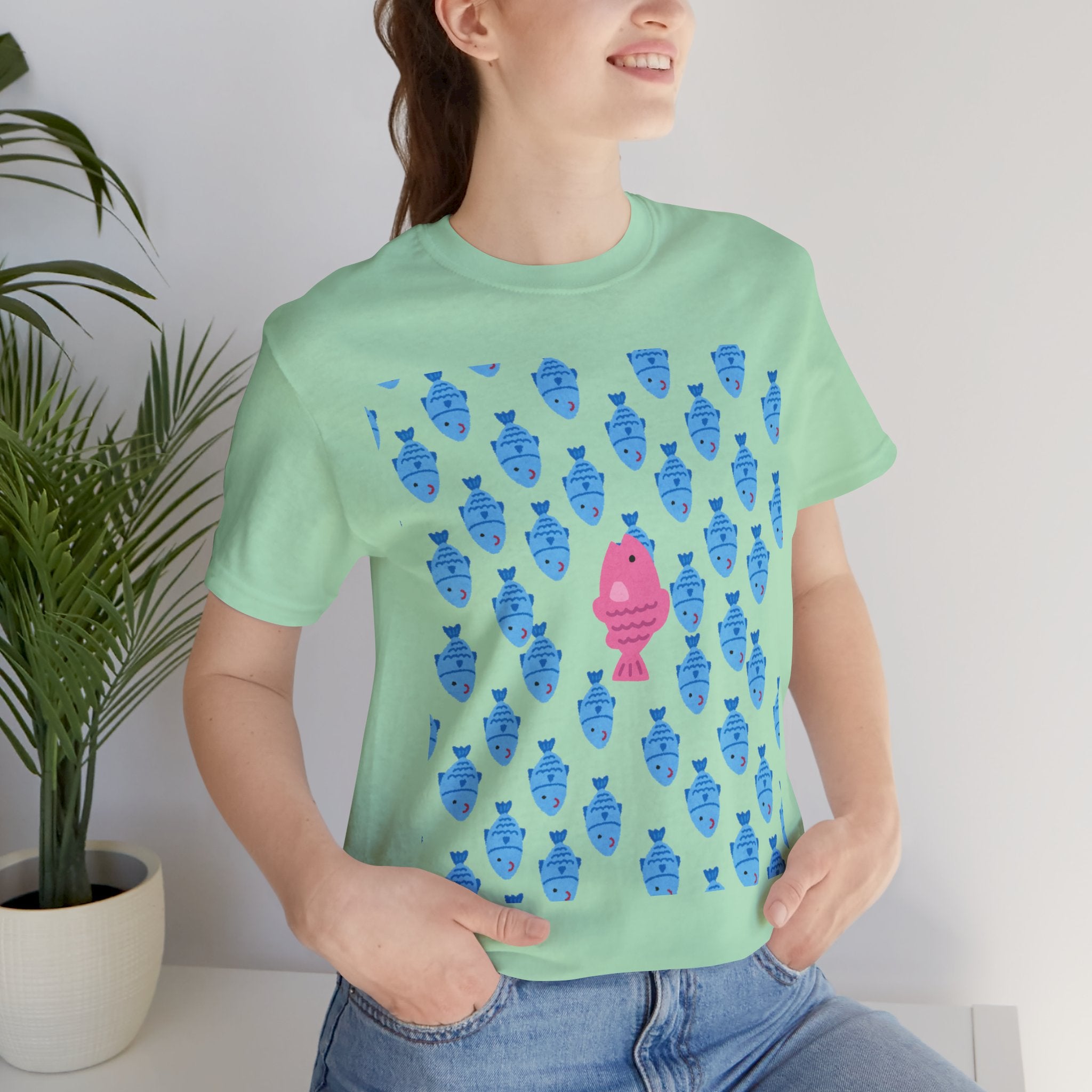 Swim Your Own Course Graphic Unisex Heavy Cotton Tee  Proud to Be Different Pink Fish Among Blue Fish T- Shirt