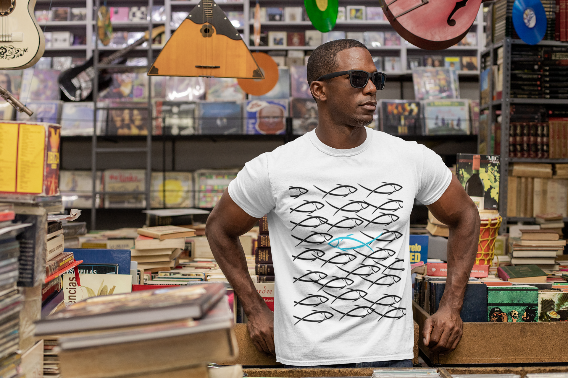 Graphic School of Fish Unisex Heavy Cotton Tee — "Go In Your Own Direction" Blue Highlighted Fish Graphic T-Shirt