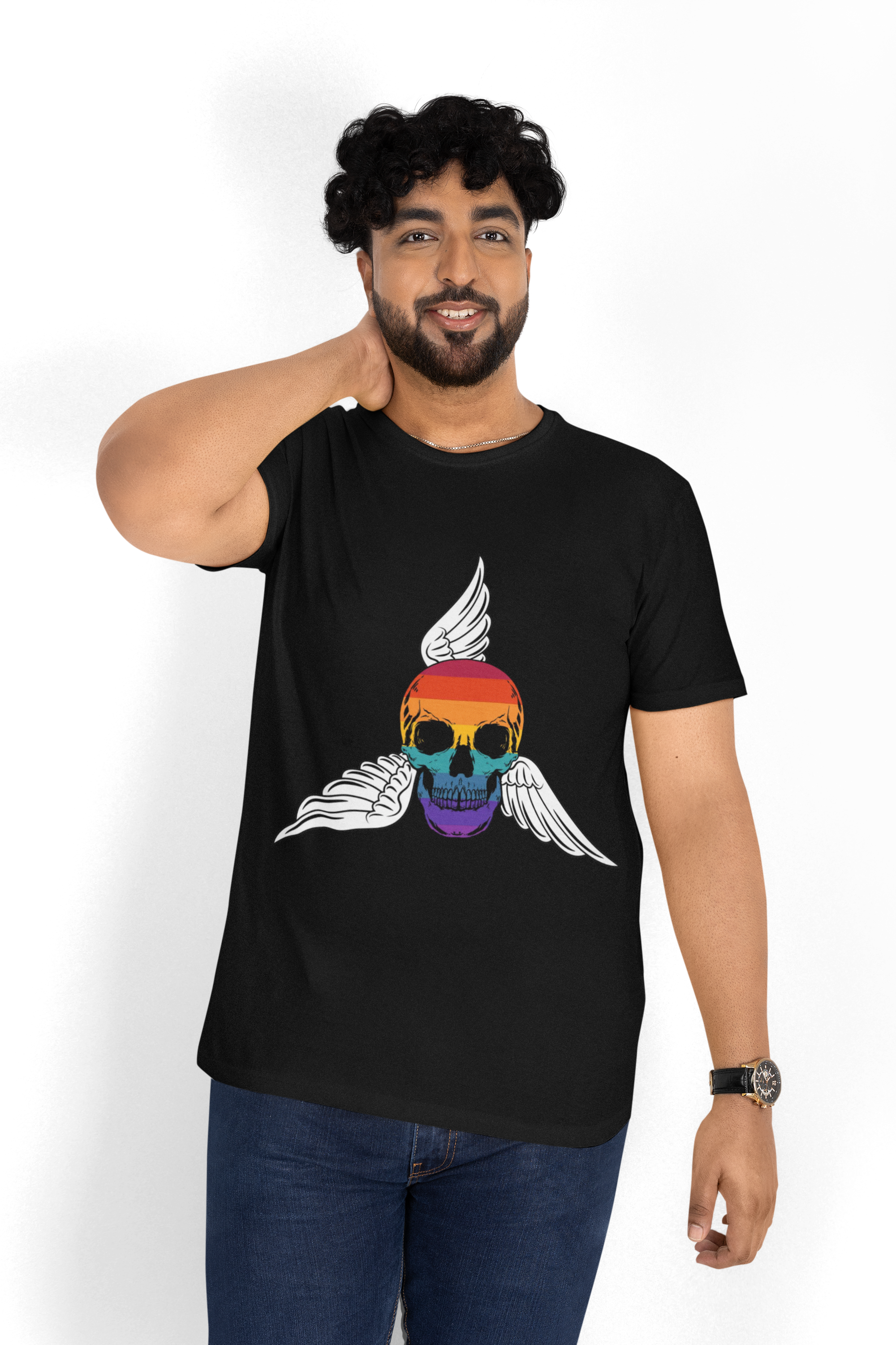 Graphic Rainbow Winged Skull Unisex Heavy Cotton T-Shirt — Edgy Pride Skull Tee for LGBTQIA+ Events & Festivals