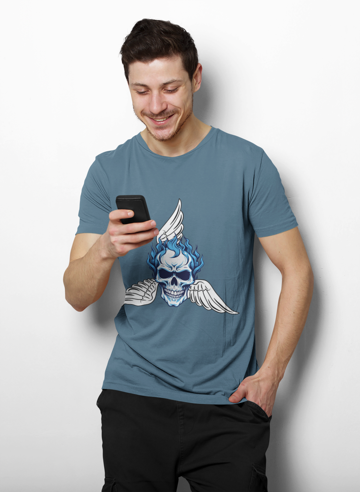 Fun Graphic Skull Flame Tee — Blue Flaming Skull with Wings Graphic  Unisex Heavy Cotton T-Shirt
