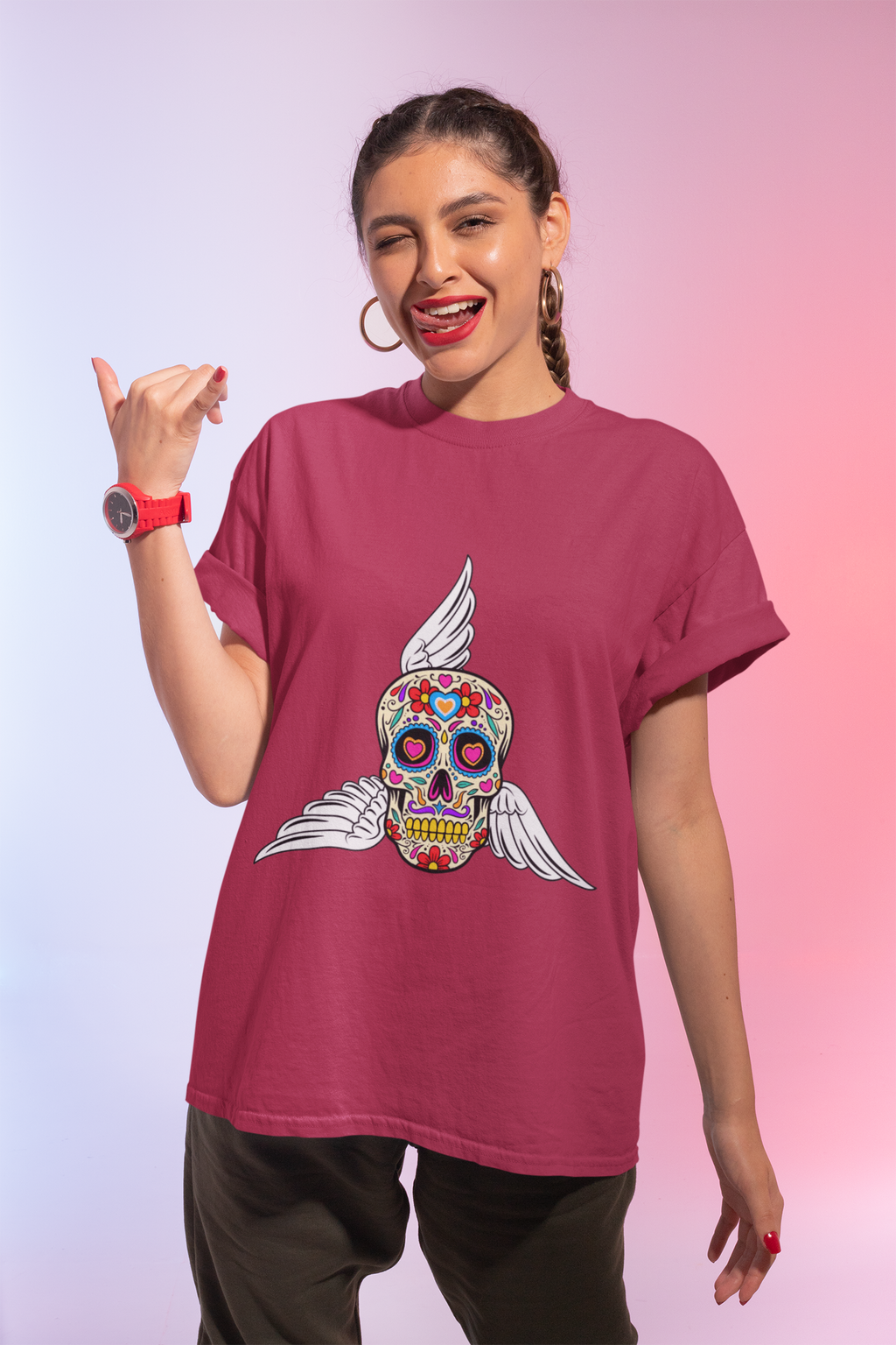 Fun Graphic Sugar Skull Tee with Angel Wings – Day of the Dead Graphic Heavy Cotton Unisex T-Shirt