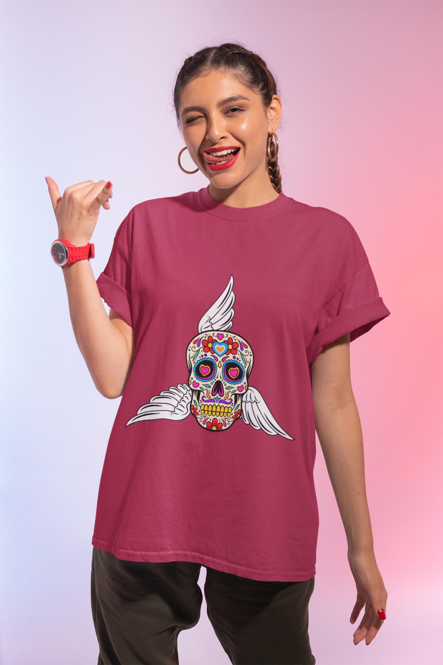Fun Graphic Sugar Skull Tee with Angel Wings – Day of the Dead Graphic Heavy Cotton Unisex T-Shirt