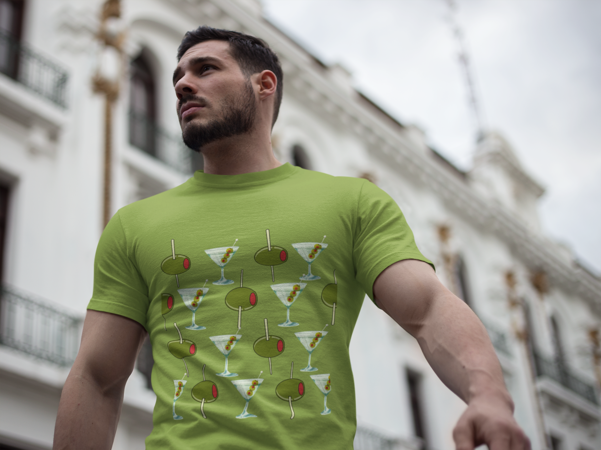 Fun Retro Martini Olive Graphic Pattern Unisex Heavy Cotton Tee — Cocktail Culture Lovers Graphic T-Shirt
