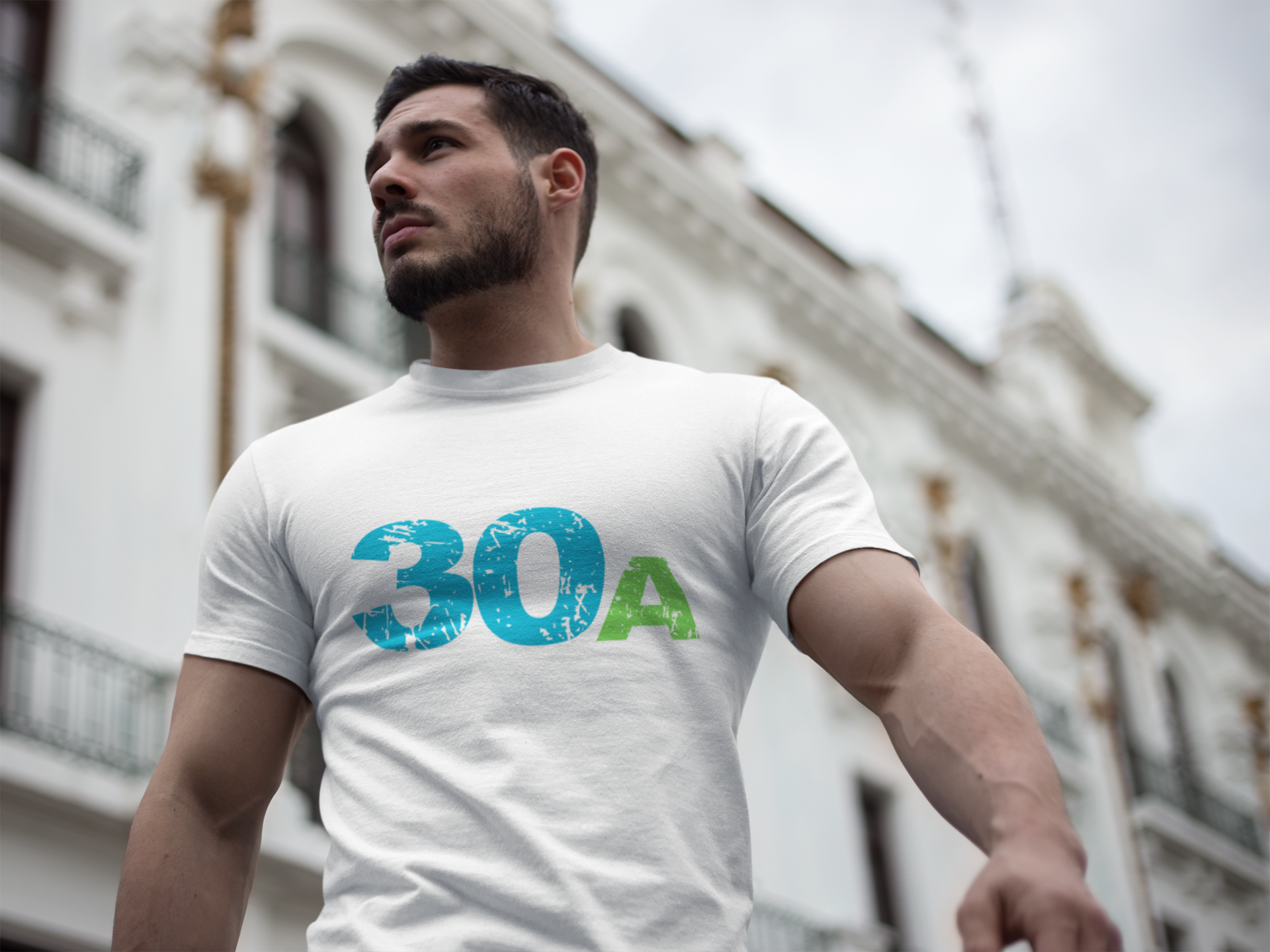 Graphic 30A Beach Unisex Heavy Cotton T-Shirt — Emerald Coast Tee with Blue & Green Distressed Logo