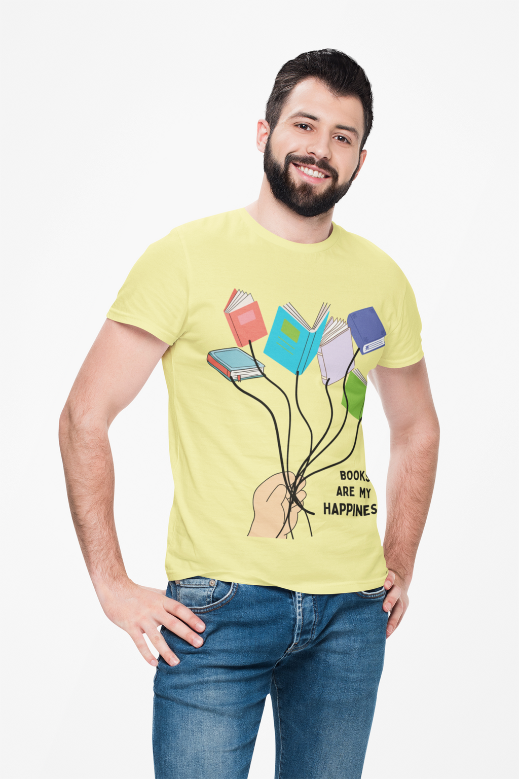 Fun Books Are My Happiness Unisex Heavy Cotton T-Shirt — Book Lover Tee with Colorful Book Balloon Bouquet