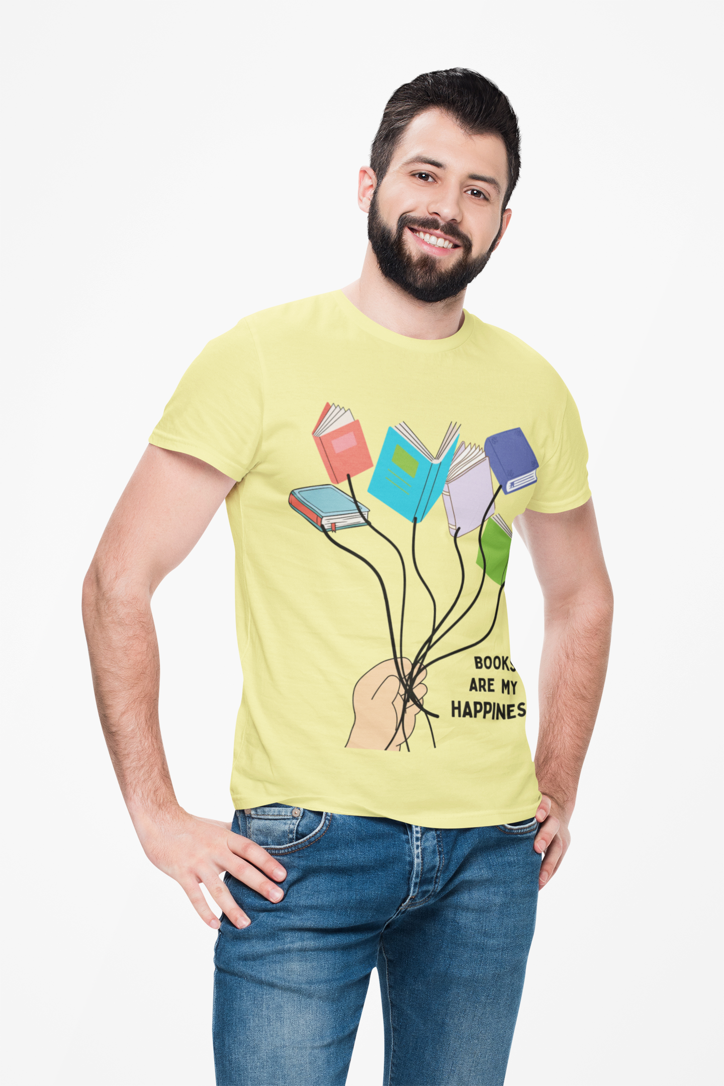 Fun Books Are My Happiness Unisex Heavy Cotton T-Shirt — Book Lover Tee with Colorful Book Balloon Bouquet