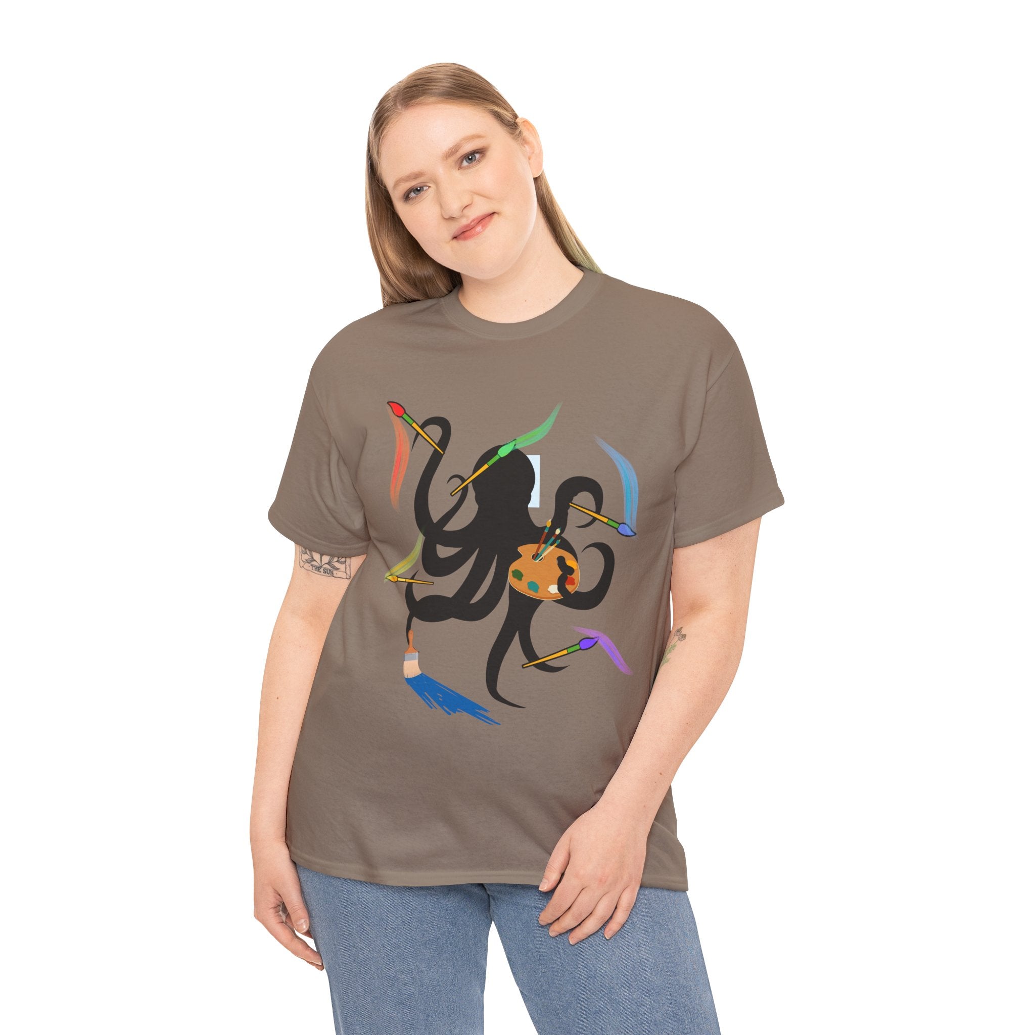 Fun Graphic Octopus Artist  Unisex Heavy Cotton T-Shirt — Colorful Octopus