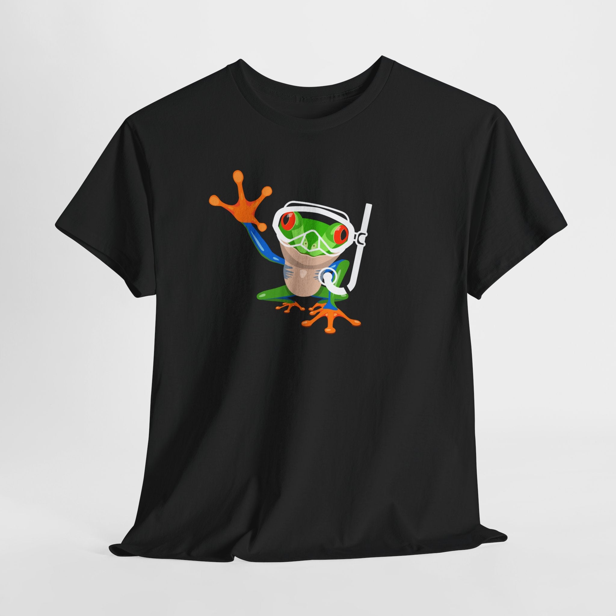 Fun Quirky Snorkel Tree Frog  (Dark Colors) Unisex Heavy Cotton Tee, Funny Frog Shirt, Cute Graphic Tee, Perfect Gift for Nature Lovers, Summer Fun Fashion