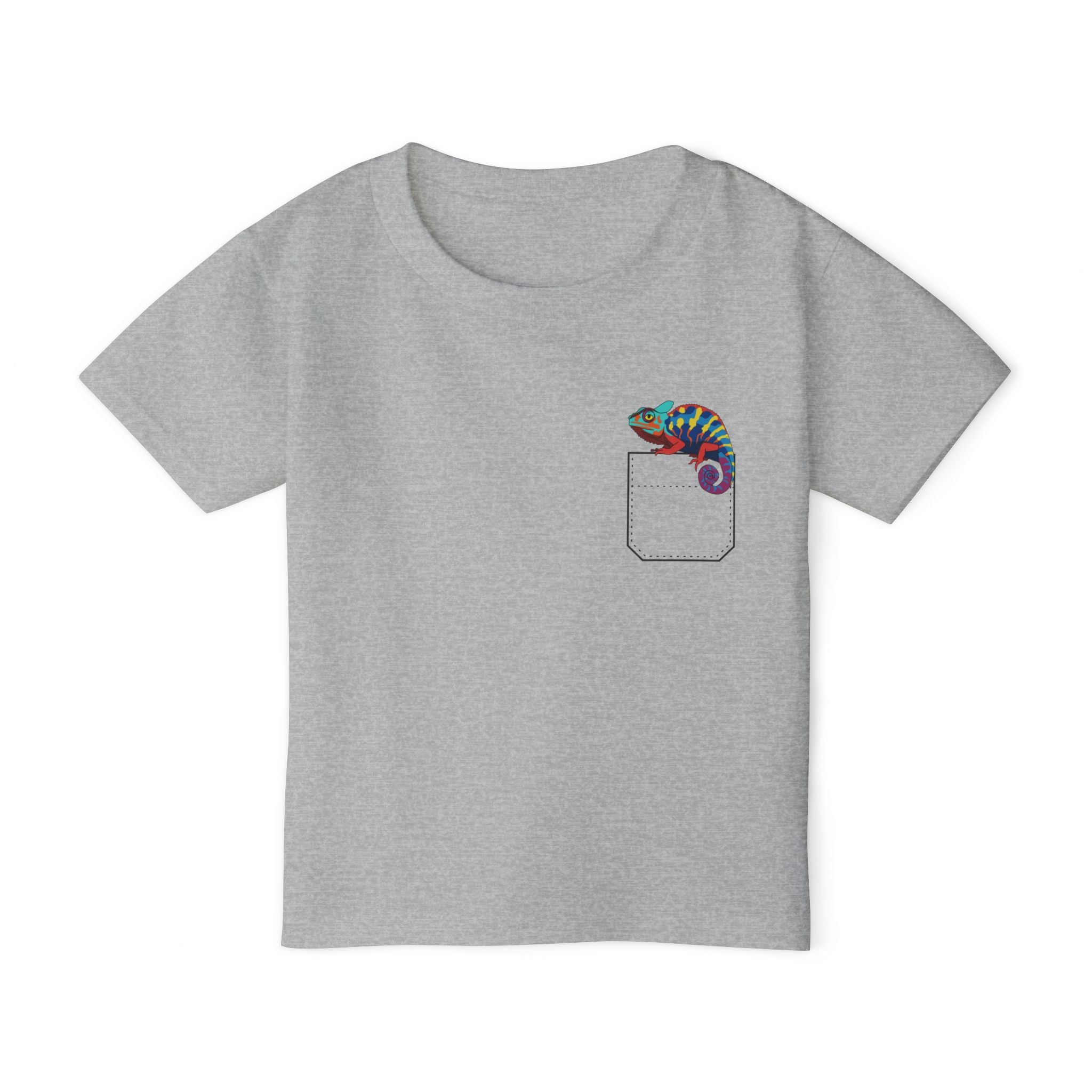 Colorful and Fun Pocket Pet (Chameleon)  Unisex Heavy Cotton  Toddler T-Shirt.  There is NO Pocket in this Shirt.  The Pocket is part of the Artwork