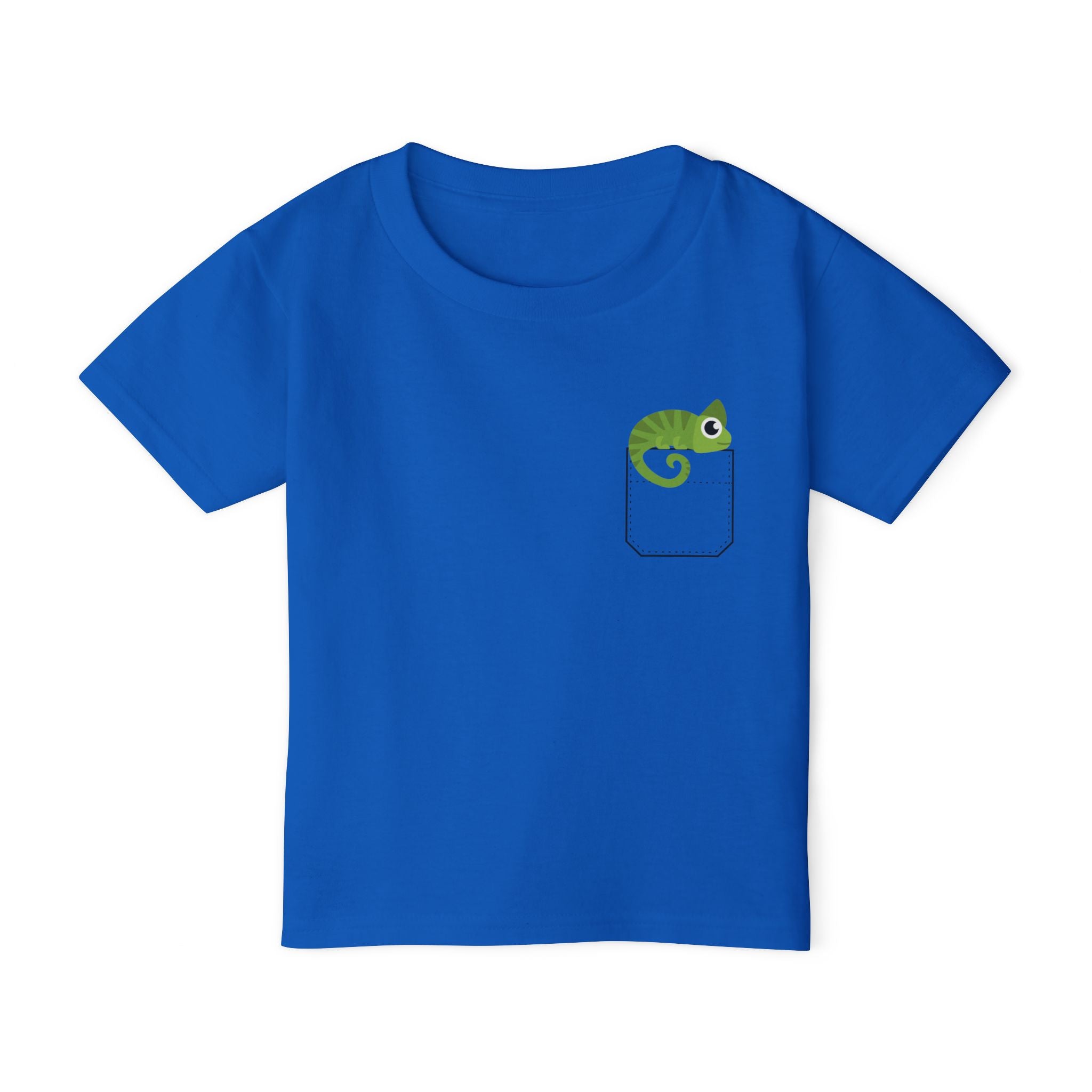 Cute and Fun Pocket Pet (Chameleon) Unisex Heavy Cotton  Toddler T-Shirt. There is NO Pocket in this Shirt.  The Pocket is part of the Artwork