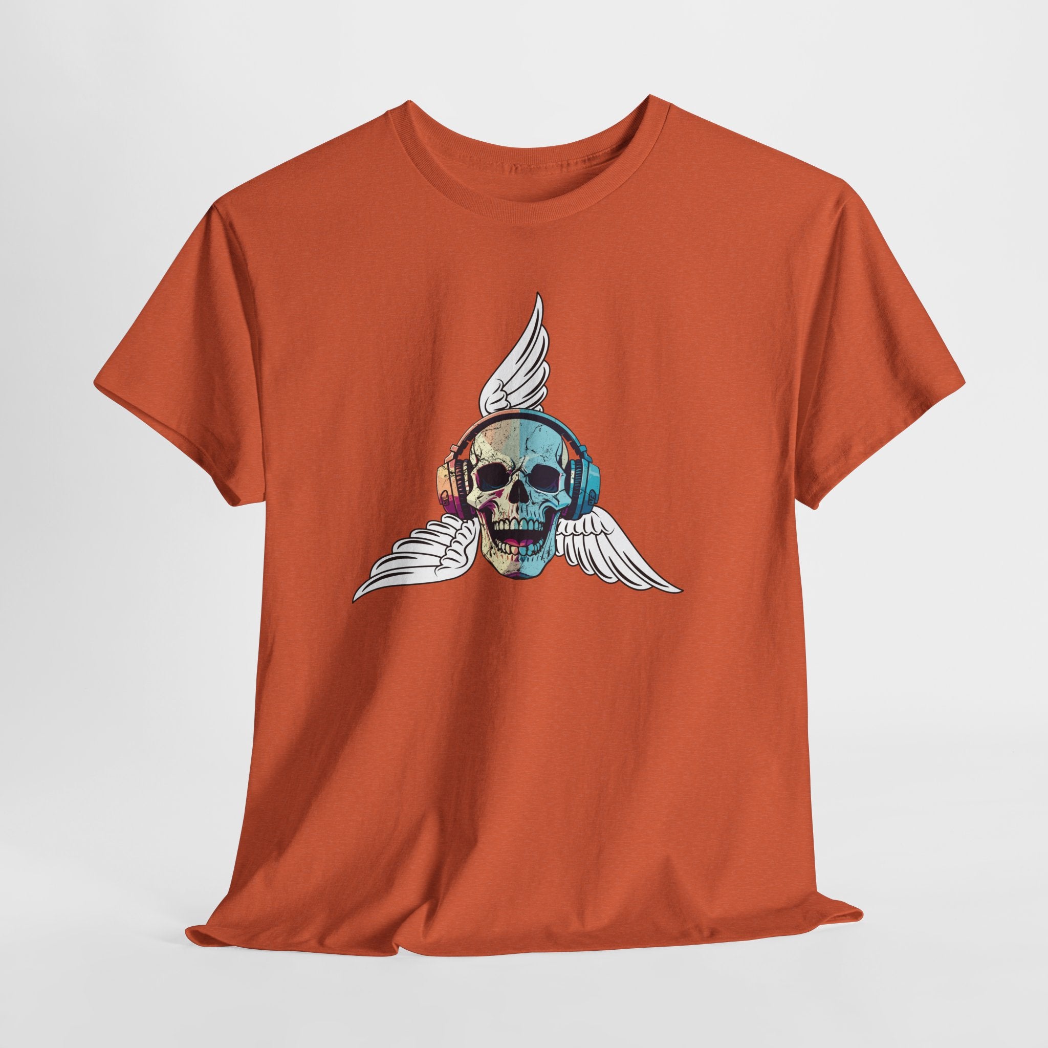 Fun Beats Skull with Wings Graphic  Unisex Heavy Cotton Tee — Vintage Rock Music Skull T-Shirt