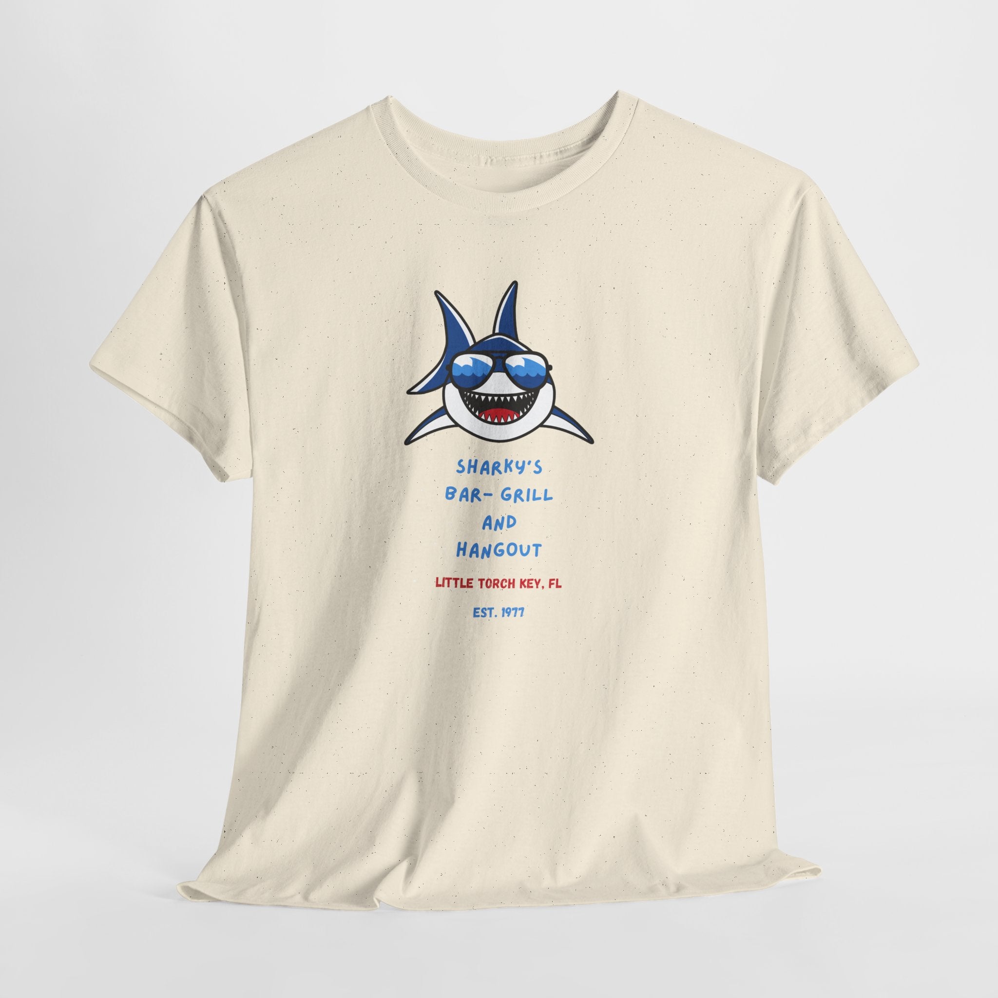 Unisex Cotton Tee - Sharky’s Hangout, in The FL. Keys Fun Graphic Tee, Summer Casual Wear, Beach Party Shirt, Gift for Ocean Lovers