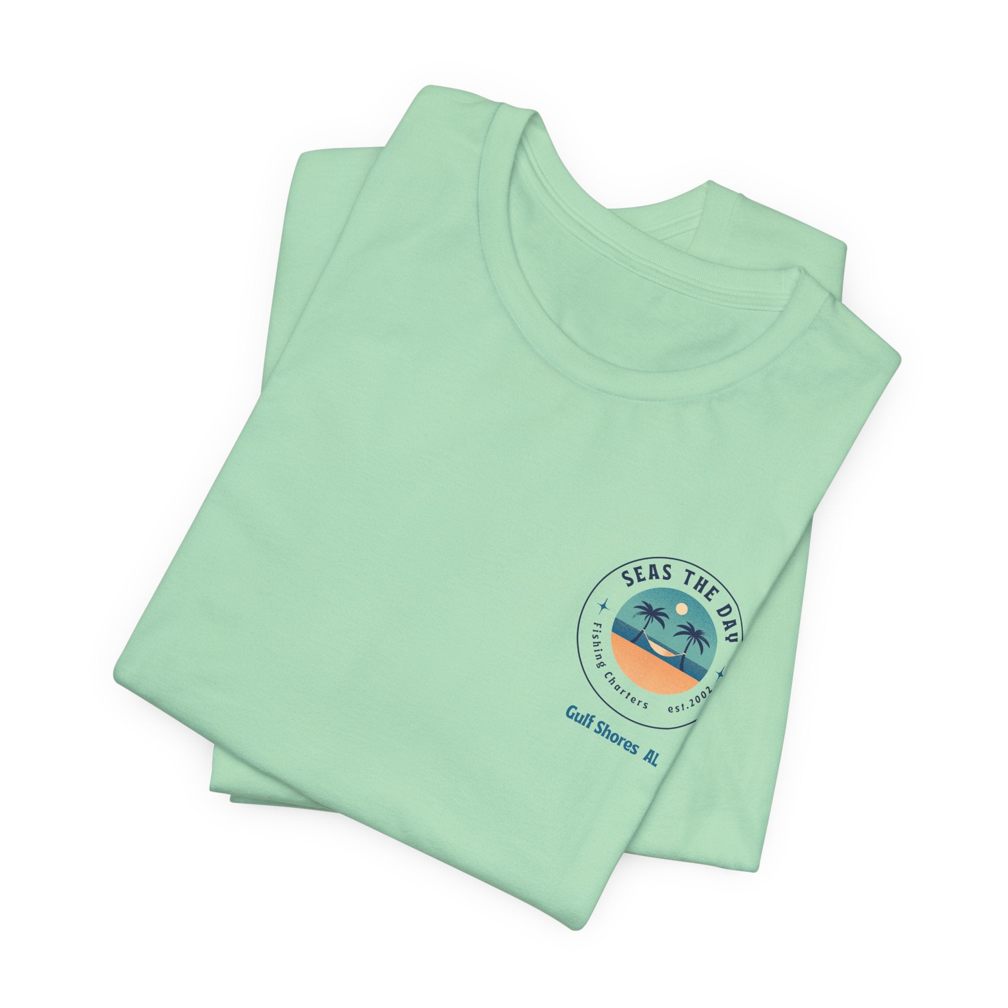 Beachy Vibes with Seas The Day Charter Fishing in Gulf Shores, AL  Unisex Jersey Tee, Casual T-Shirt, Vacation Shirt, Summer Apparel, Gift for Ocean Lovers