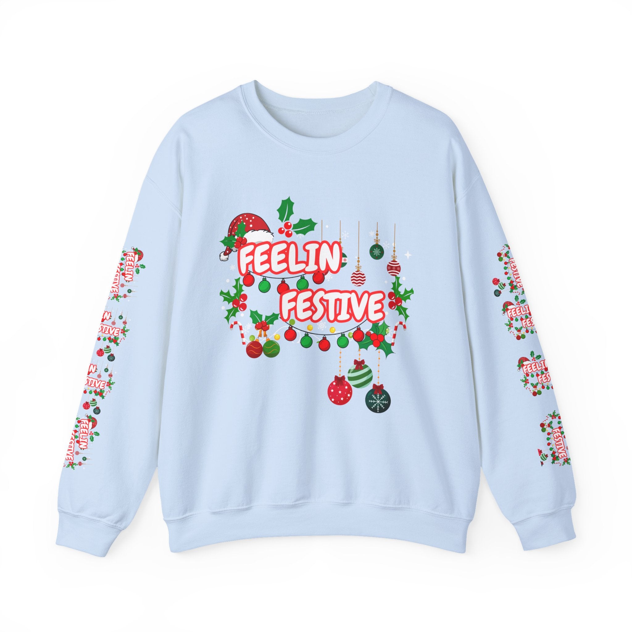 Fun and Traditional Colored Feelin' Festive Crewneck Unisex Sweatshirt with Sleeve Embelishments— Christmas Holiday Graphic On Front and Sleeves