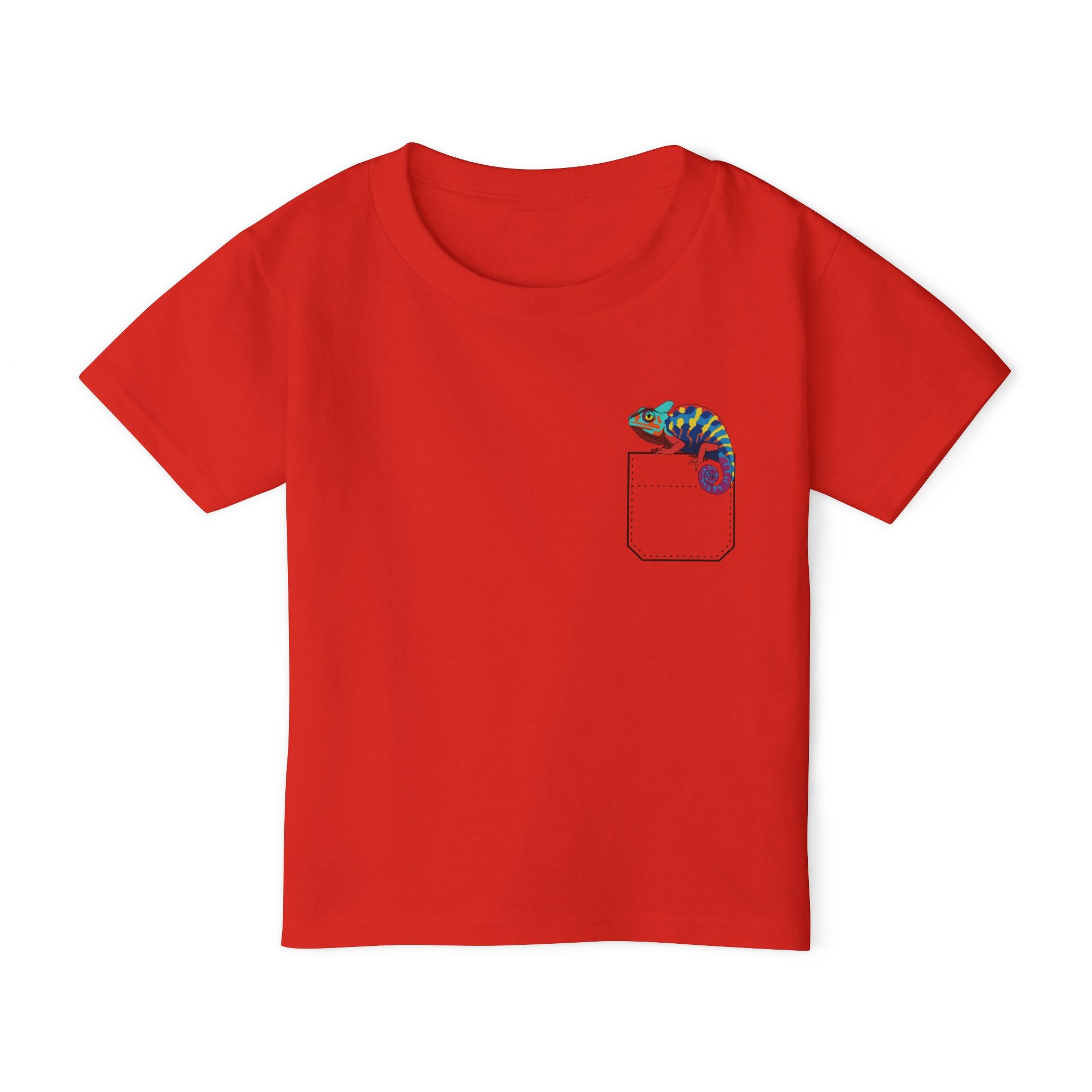 Colorful and Fun Pocket Pet (Chameleon)  Unisex Heavy Cotton  Toddler T-Shirt.  There is NO Pocket in this Shirt.  The Pocket is part of the Artwork
