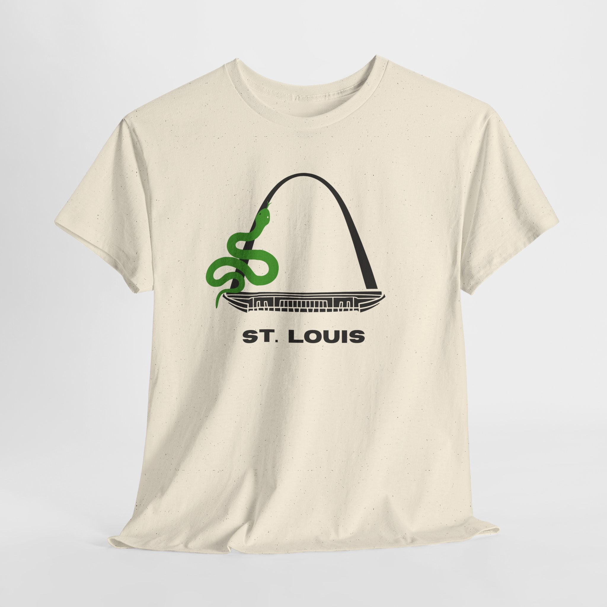 Fun and Quirky St. Louis Gateway Arch Graphic Unisex Heavy Cotton T‑Shirt — Green Snake Design