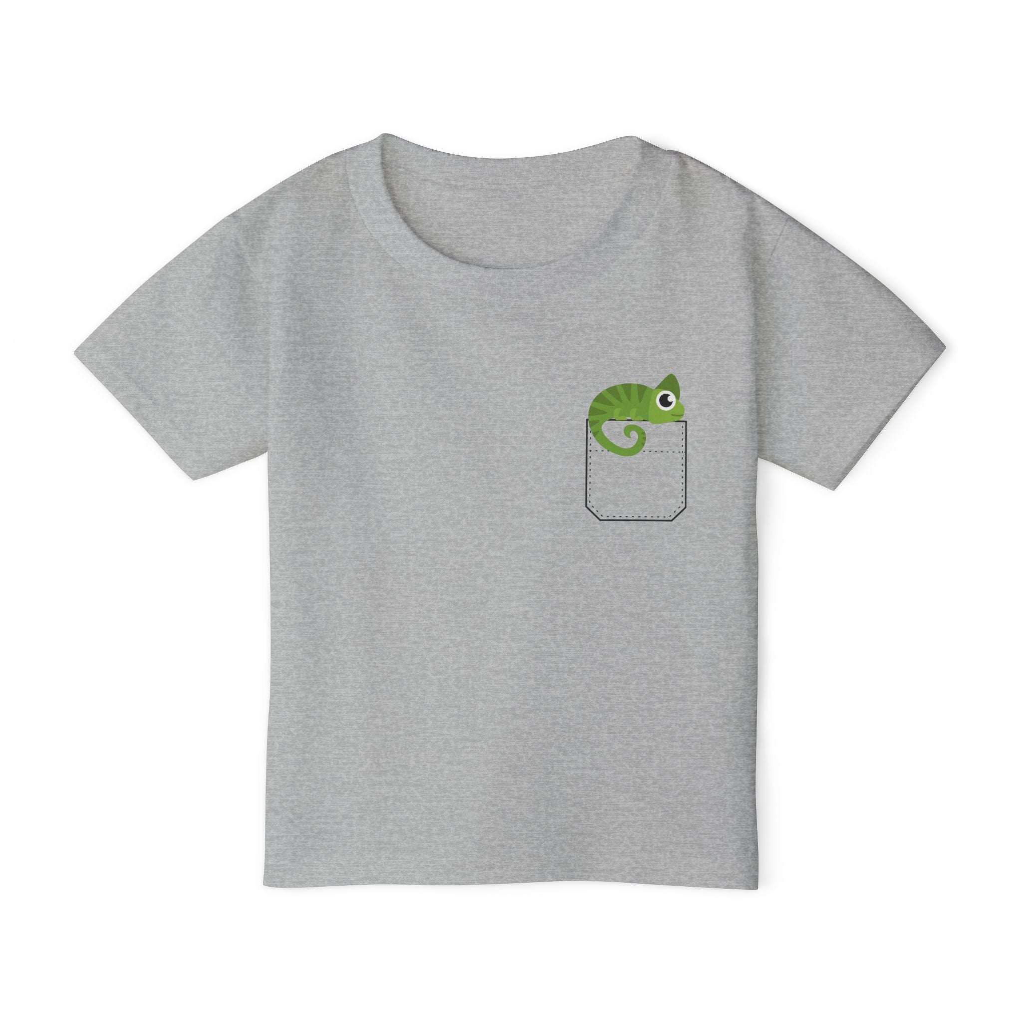 Cute and Fun Pocket Pet (Chameleon) Unisex Heavy Cotton  Toddler T-Shirt. There is NO Pocket in this Shirt.  The Pocket is part of the Artwork