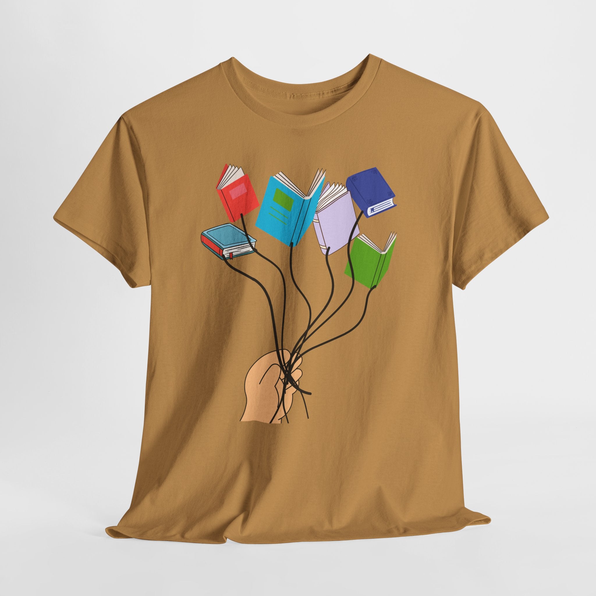 Graphic Book Lovers Balloon Book Bouquet Unisex Heavy Cotton T-Shirt — Colorful Floating Books Graphic Tee for Readers & Teachers