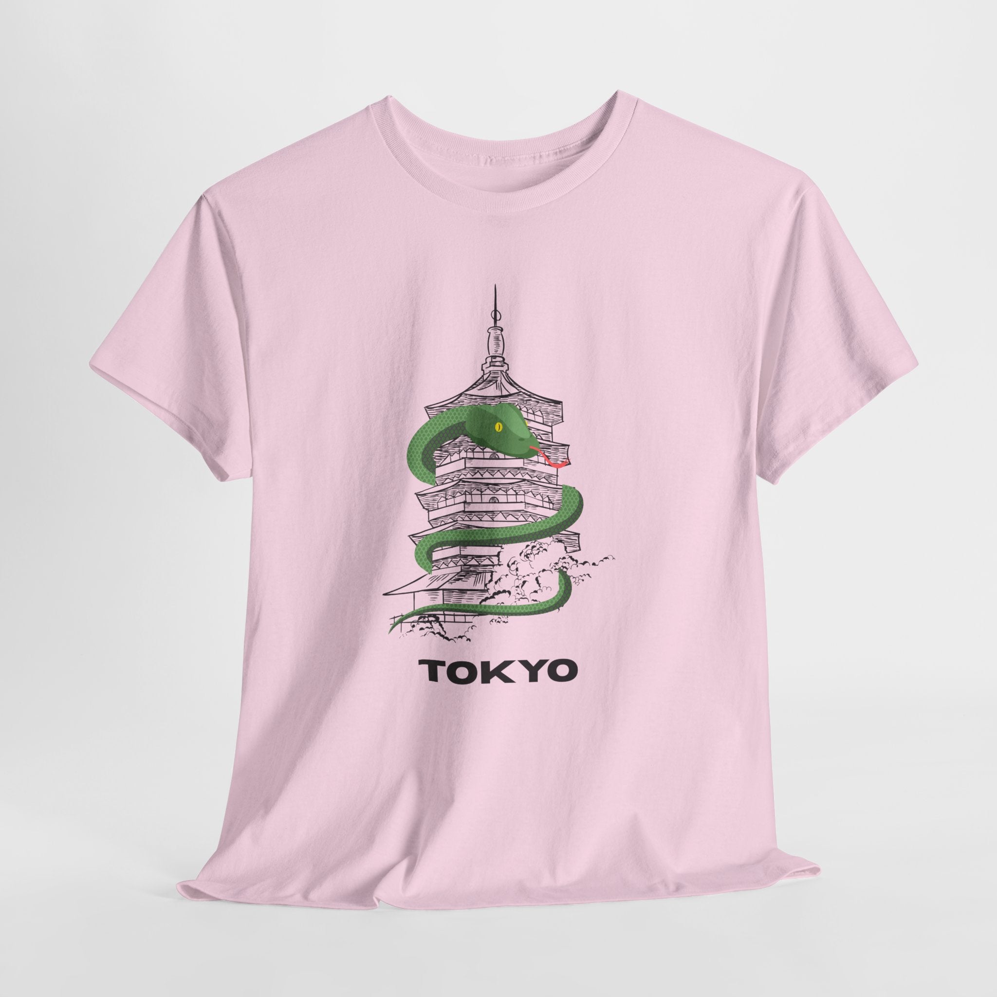 Quirky and FunTokyo Pagoda Serpent Graphic Unisex Heavy Cotton Tee — Green Snake & Pagoda Travel T‑Shirt