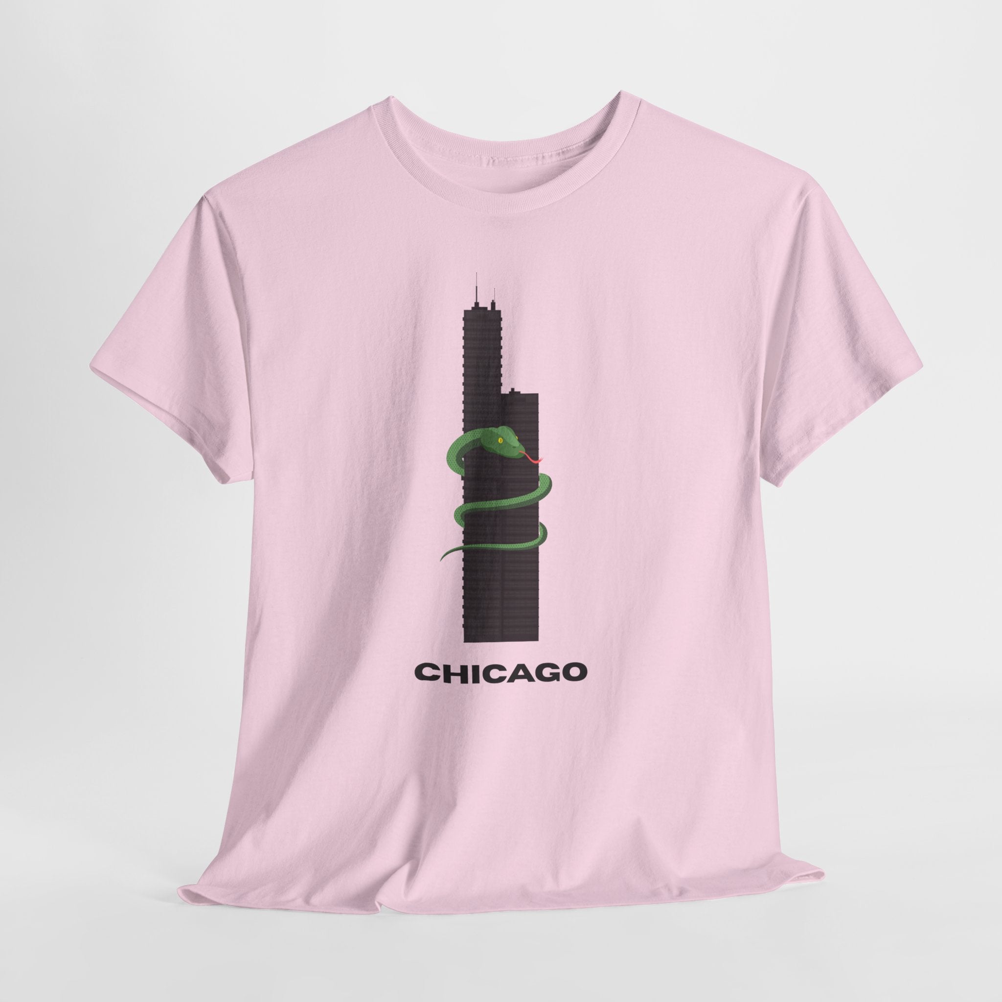 Fun and Quirky Graphic Chicago Skyline  Unisex Heavy Duty T-Shirt with Green Snake Graphic