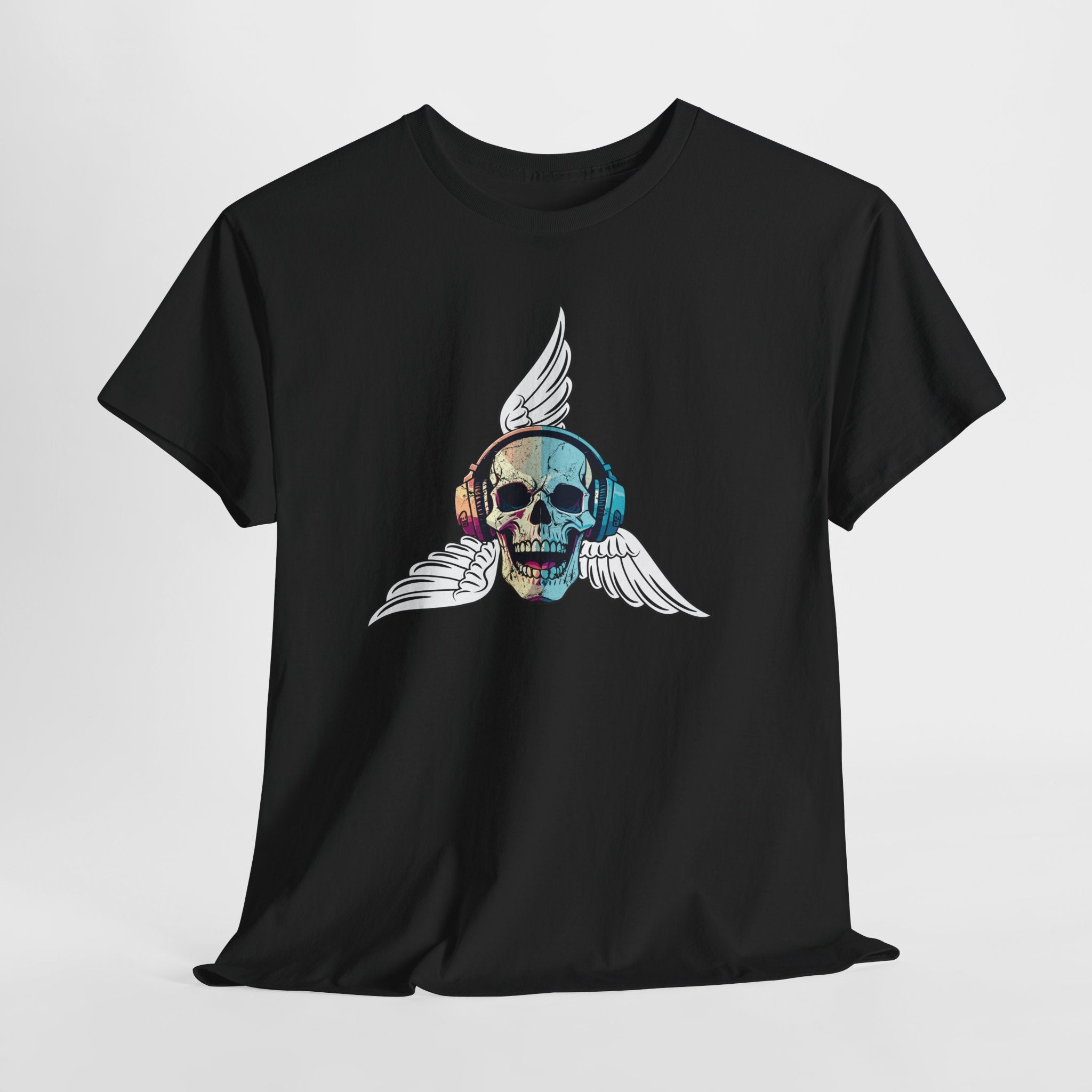 Fun Beats Skull with Wings Graphic  Unisex Heavy Cotton Tee — Vintage Rock Music Skull T-Shirt