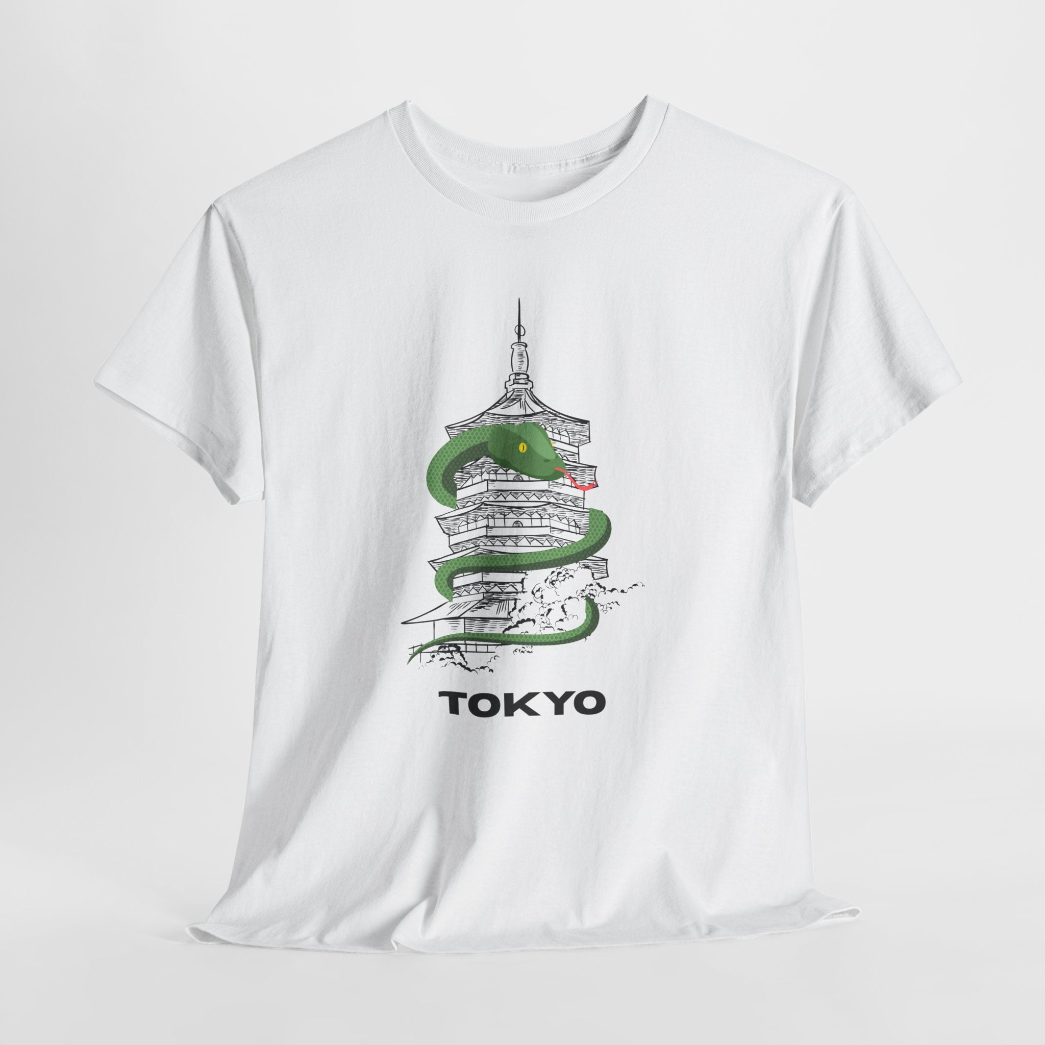 Quirky and FunTokyo Pagoda Serpent Graphic Unisex Heavy Cotton Tee — Green Snake & Pagoda Travel T‑Shirt