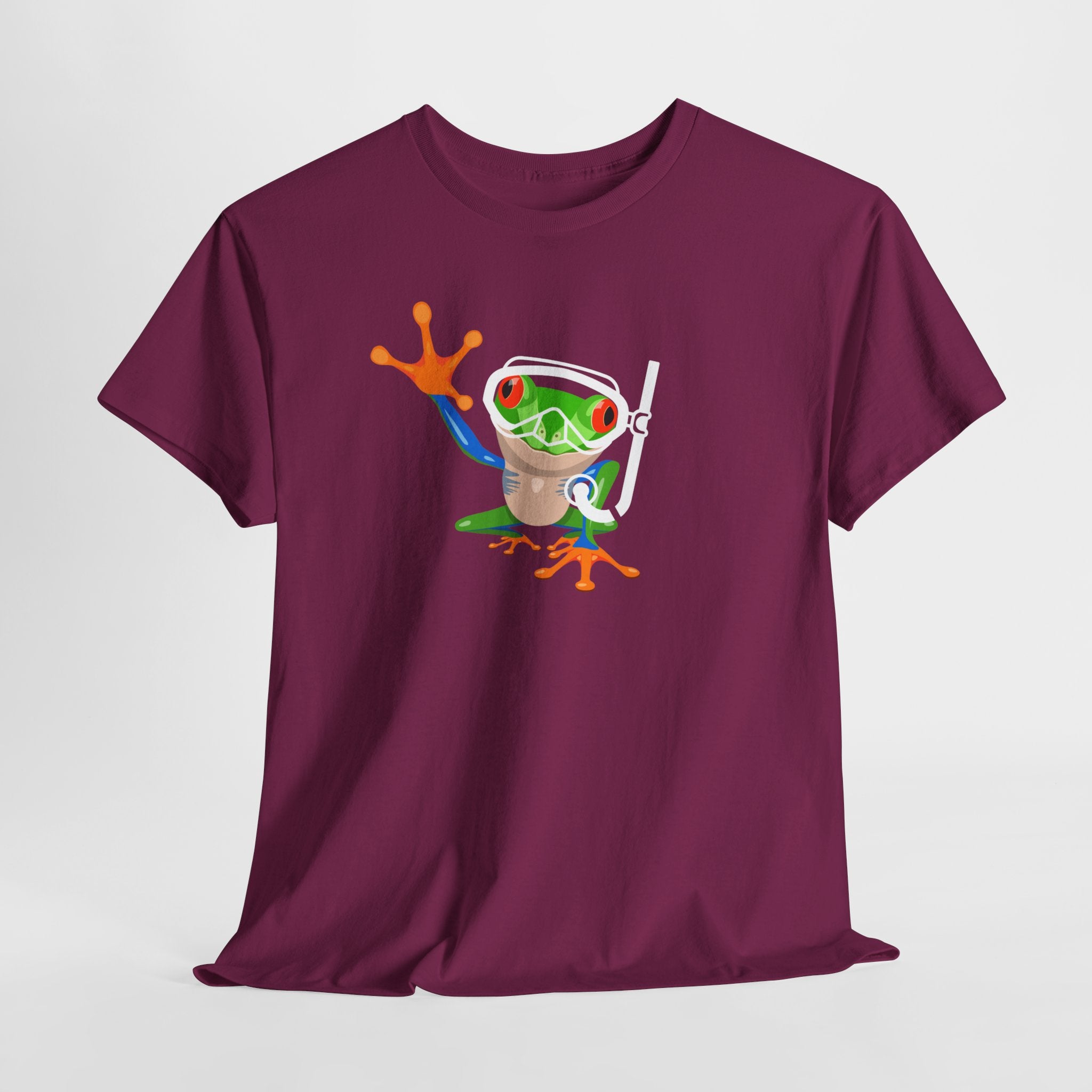 Fun Quirky Snorkel Tree Frog  (Dark Colors) Unisex Heavy Cotton Tee, Funny Frog Shirt, Cute Graphic Tee, Perfect Gift for Nature Lovers, Summer Fun Fashion