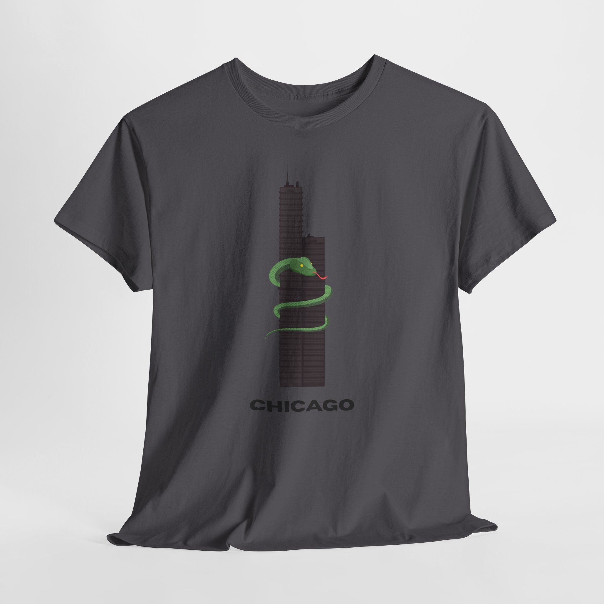 Fun and Quirky Graphic Chicago Skyline  Unisex Heavy Duty T-Shirt with Green Snake Graphic