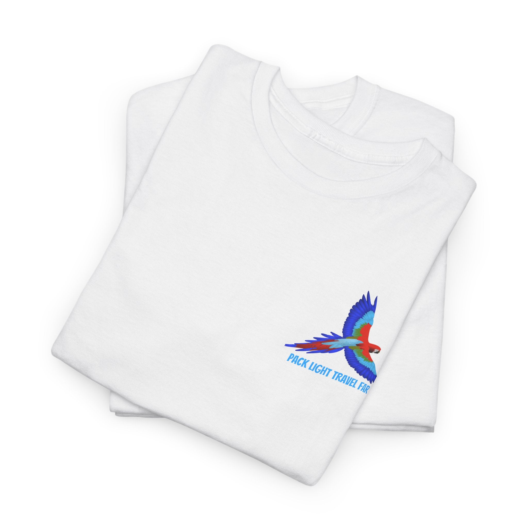 Express your Travel needs with  Pack Light and Travel Far Unisex T shirt with colorful Macaw Design