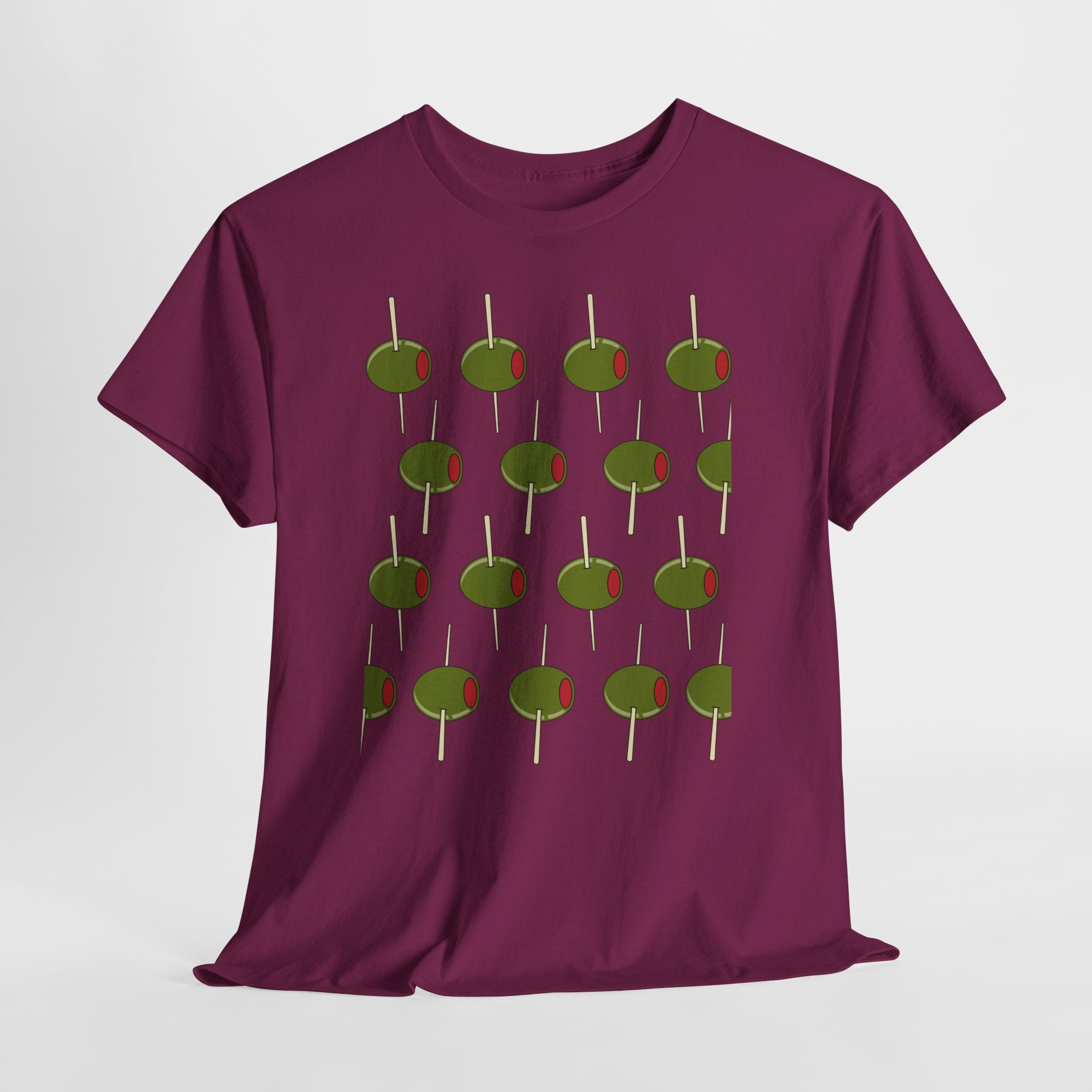 Graphic Contemporary Cocktail Olives on The March.  Unisex Heavy Cotton  Tee — Retro Martini Cocktail Graphic T-Shirt