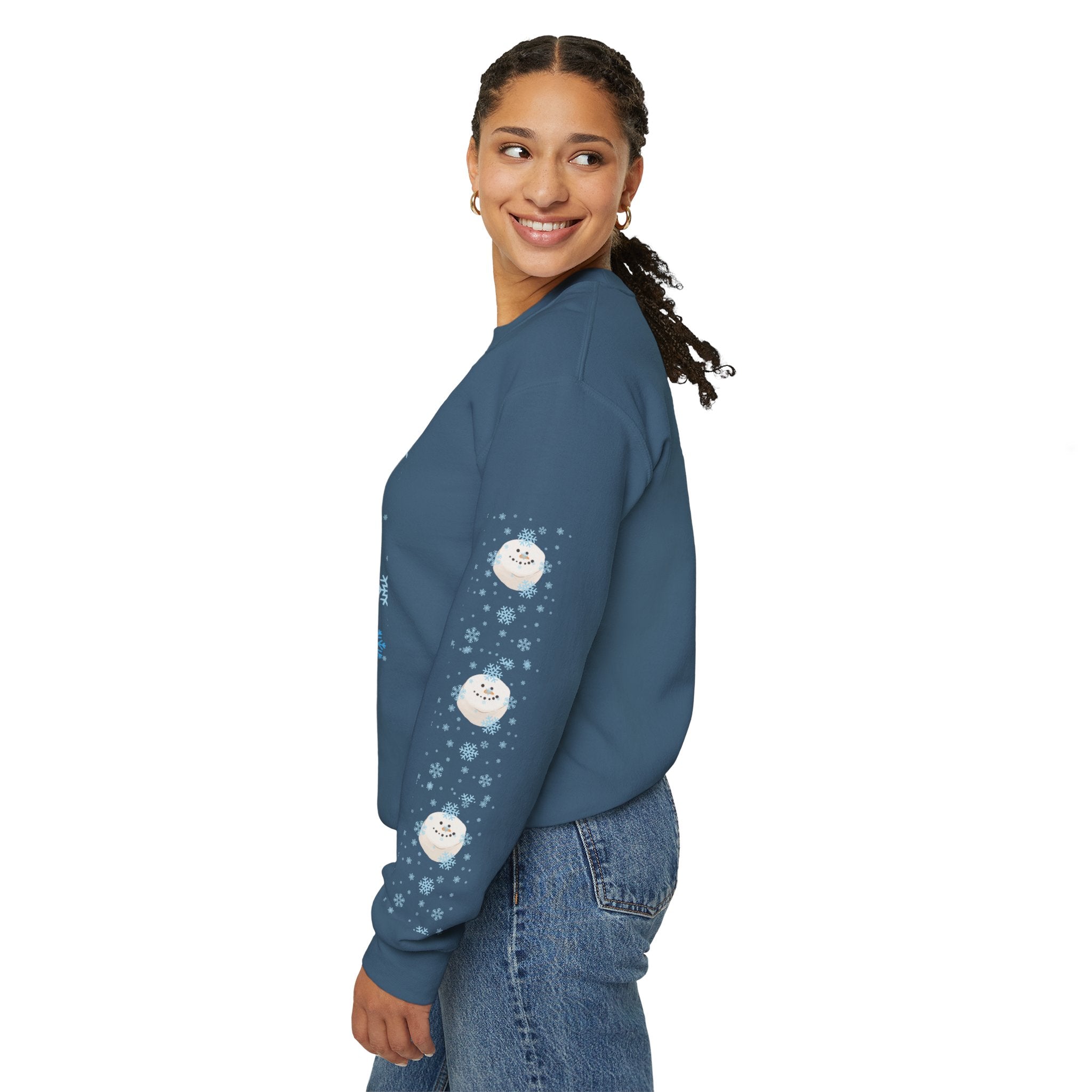 Happy Dog Lover Holiday "Walkin' In A Winter Wonderland" Unisex Crewneck Sweatshirt with Side Arm Embellishments