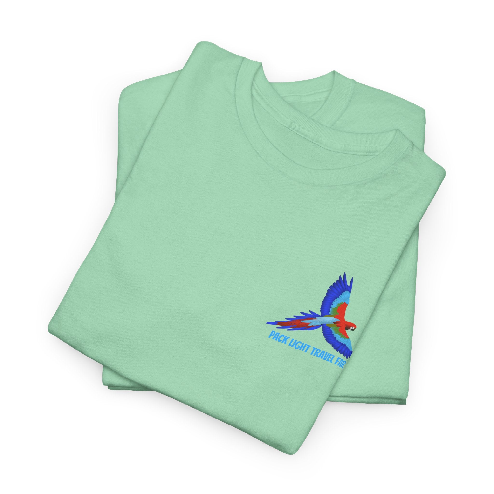 Express your Travel needs with  Pack Light and Travel Far Unisex T shirt with colorful Macaw Design