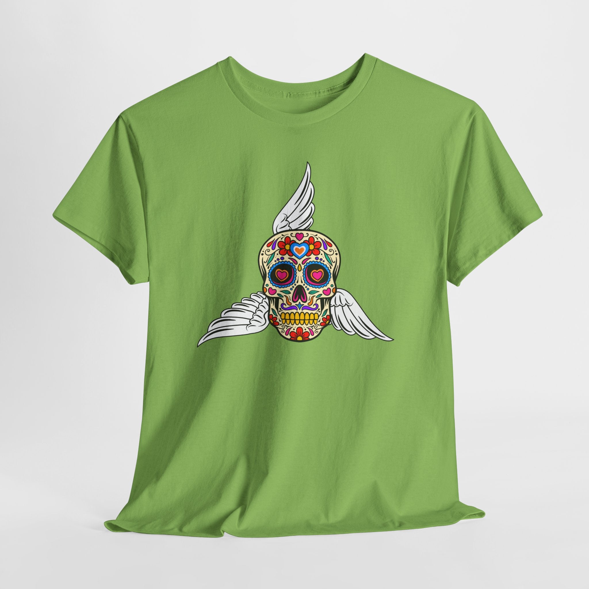 Fun Graphic Sugar Skull Tee with Angel Wings – Day of the Dead Graphic Heavy Cotton Unisex T-Shirt