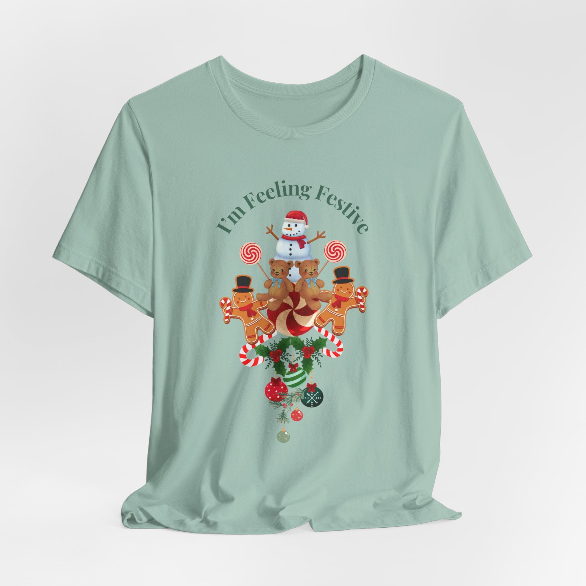 Colorful Holiday Tee — "I'm Feeling Festive" Christmas Reindeer & Snowman Graphic  Unisex Heavy Cotton T-Shirt