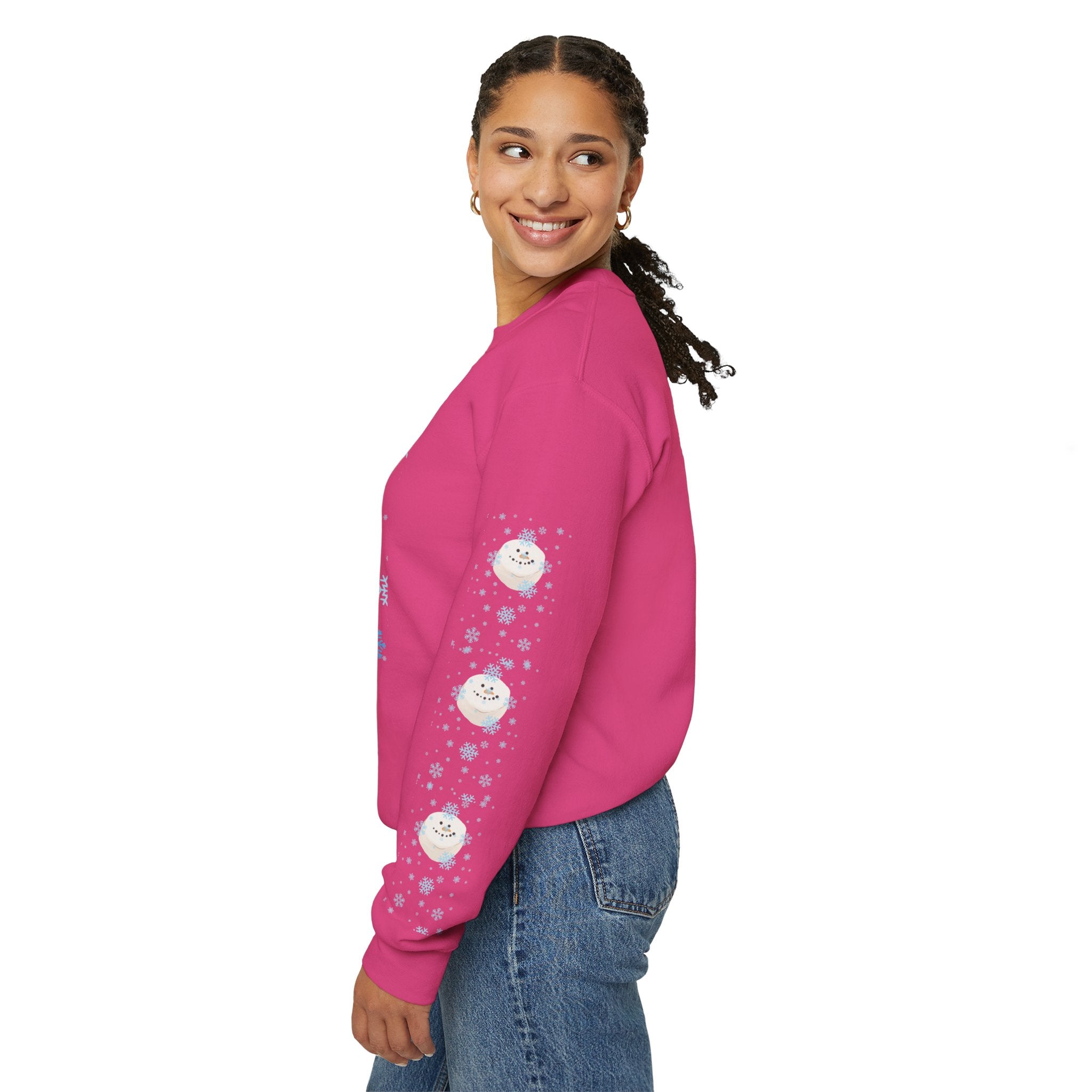 Happy Dog Lover Holiday "Walkin' In A Winter Wonderland" Unisex Crewneck Sweatshirt with Side Arm Embellishments