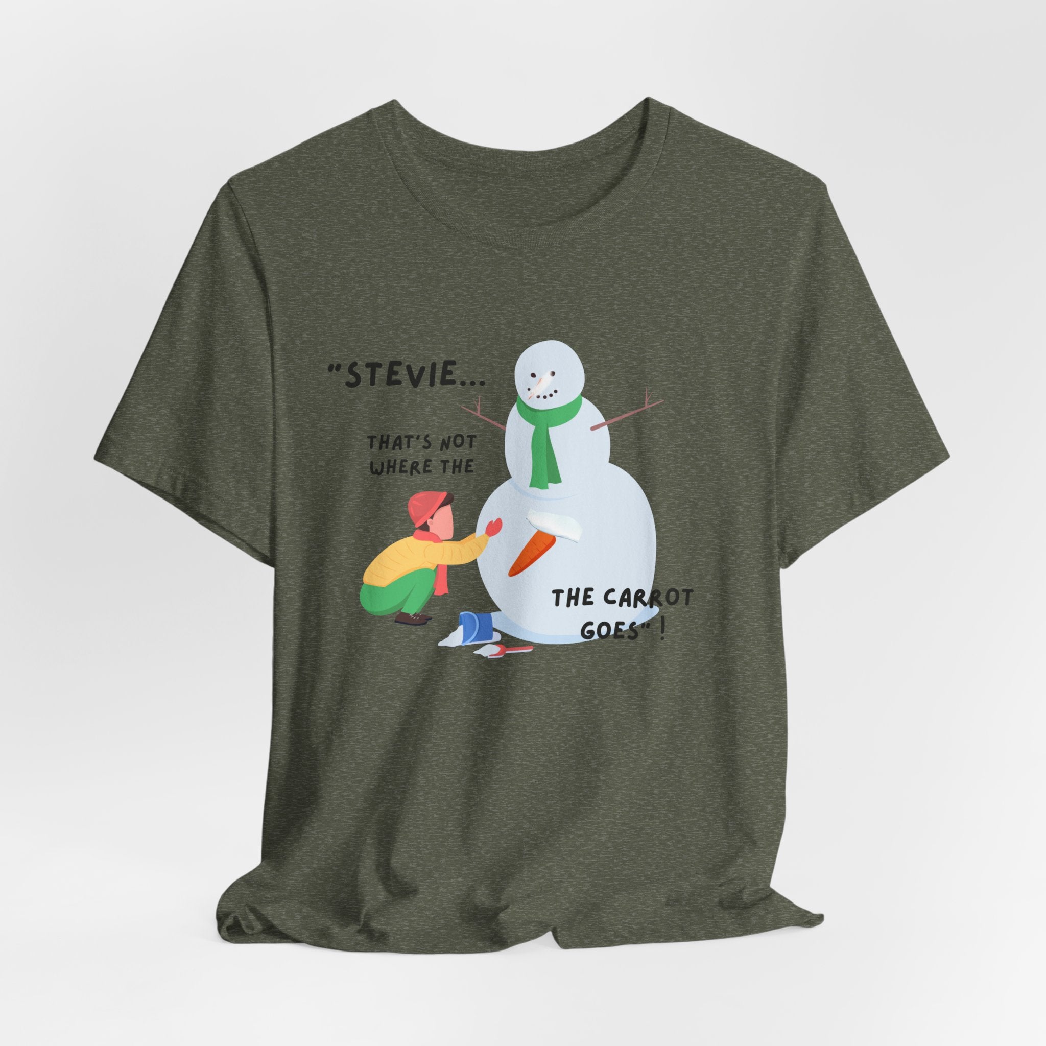 Funny Stevie Snowman Tee – Funny "That's Not Where the Carrot Goes" Graphic Unisex Heavy Cotton Holiday T-Shirt