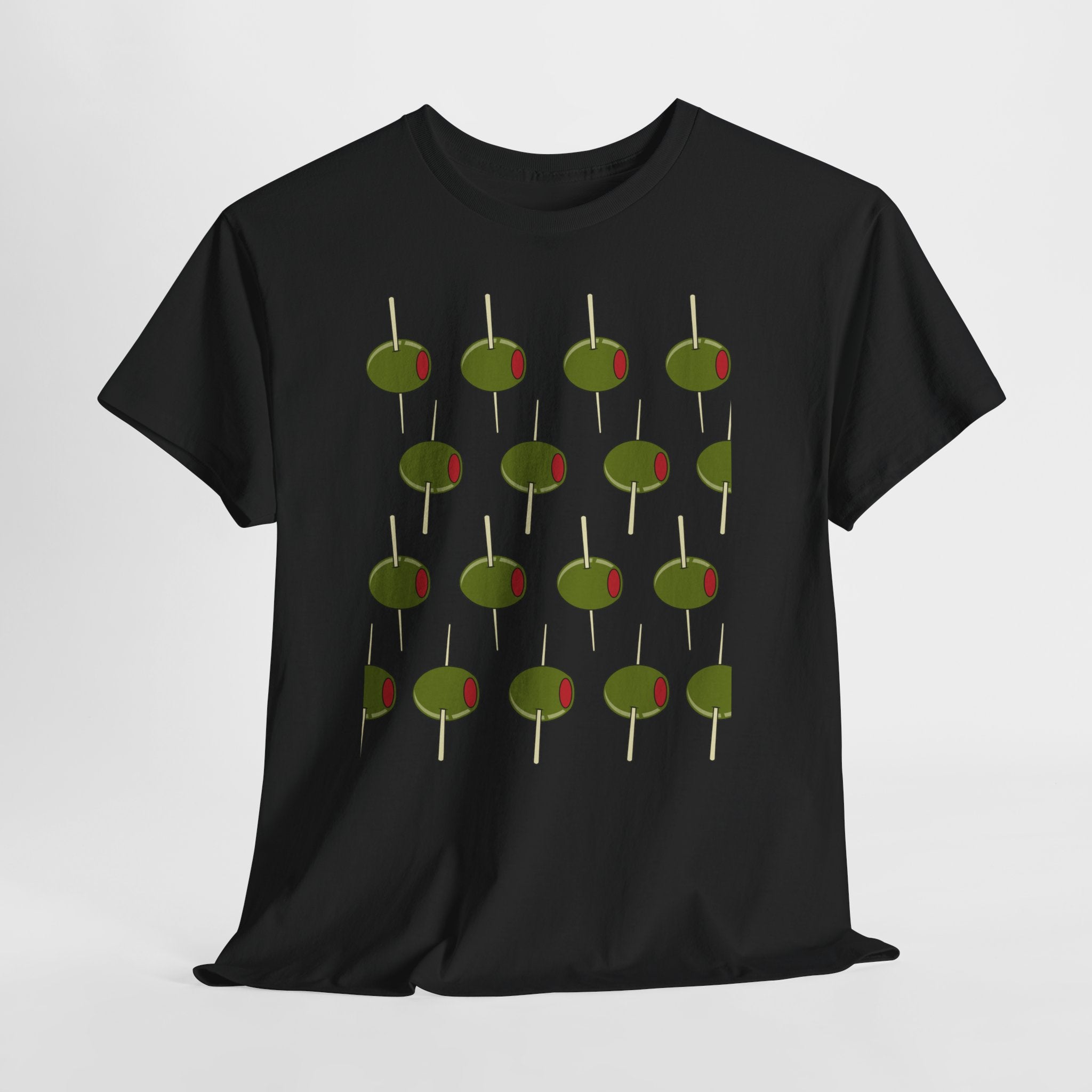 Graphic Contemporary Cocktail Olives on The March.  Unisex Heavy Cotton  Tee — Retro Martini Cocktail Graphic T-Shirt