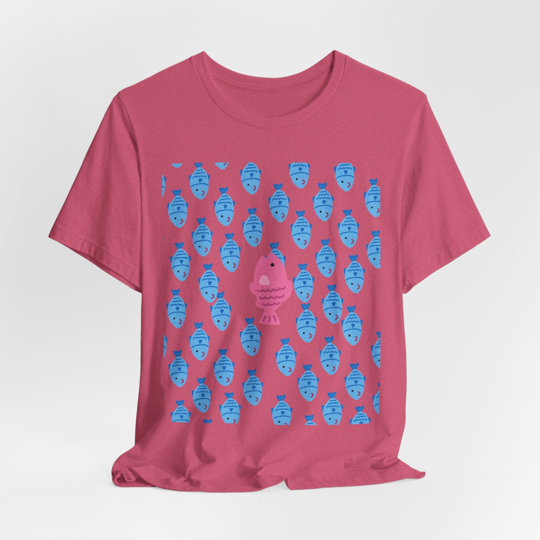 Swim Your Own Course Graphic Unisex Heavy Cotton Tee  Proud to Be Different Pink Fish Among Blue Fish T- Shirt