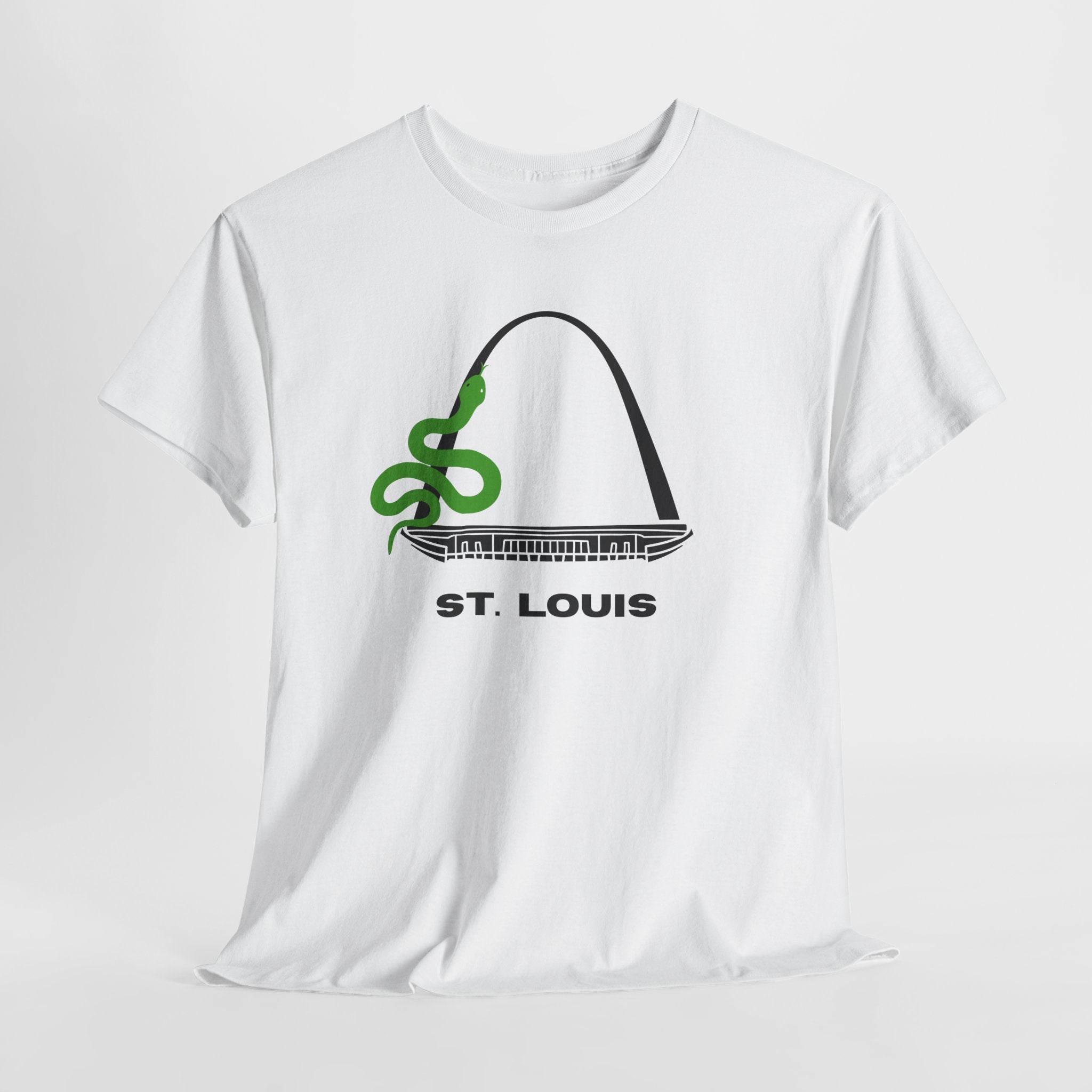 Fun and Quirky St. Louis Gateway Arch Graphic Unisex Heavy Cotton T‑Shirt — Green Snake Design