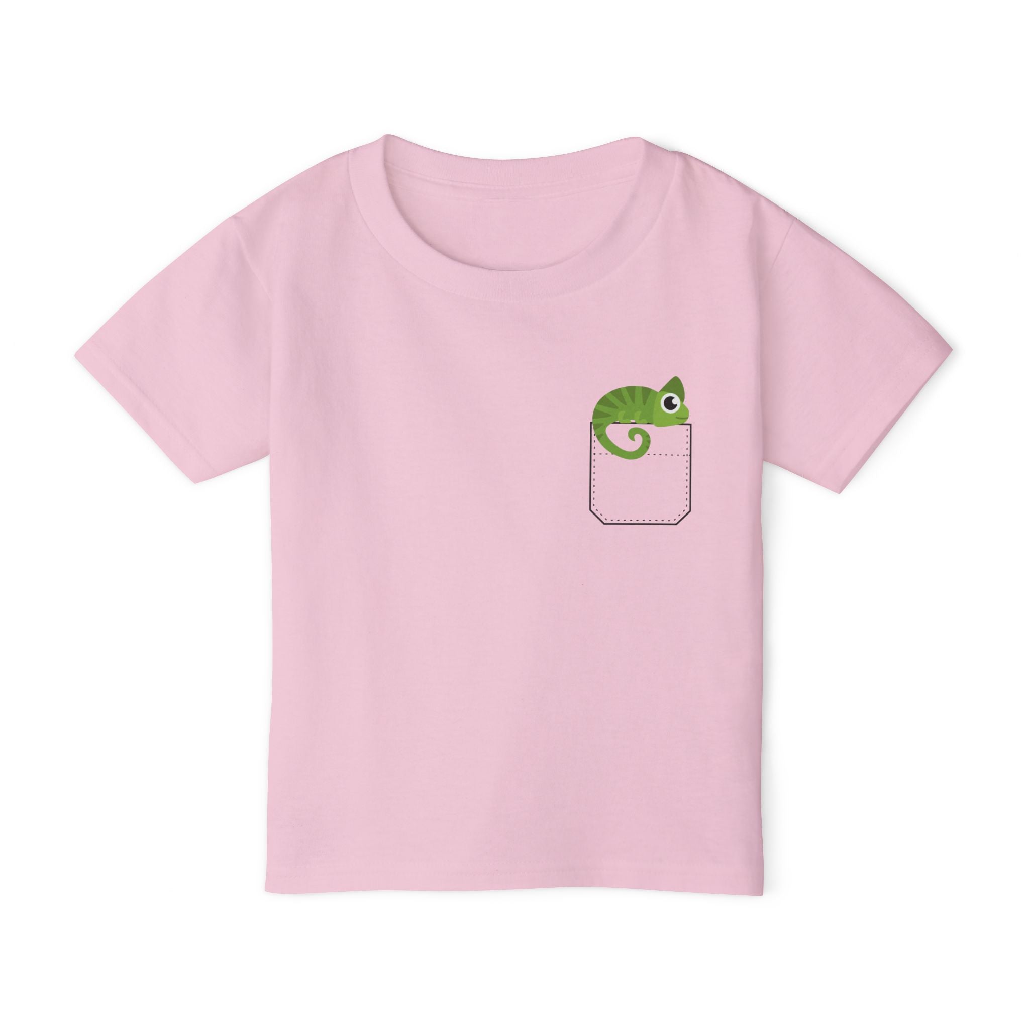 Cute and Fun Pocket Pet (Chameleon) Unisex Heavy Cotton  Toddler T-Shirt. There is NO Pocket in this Shirt.  The Pocket is part of the Artwork