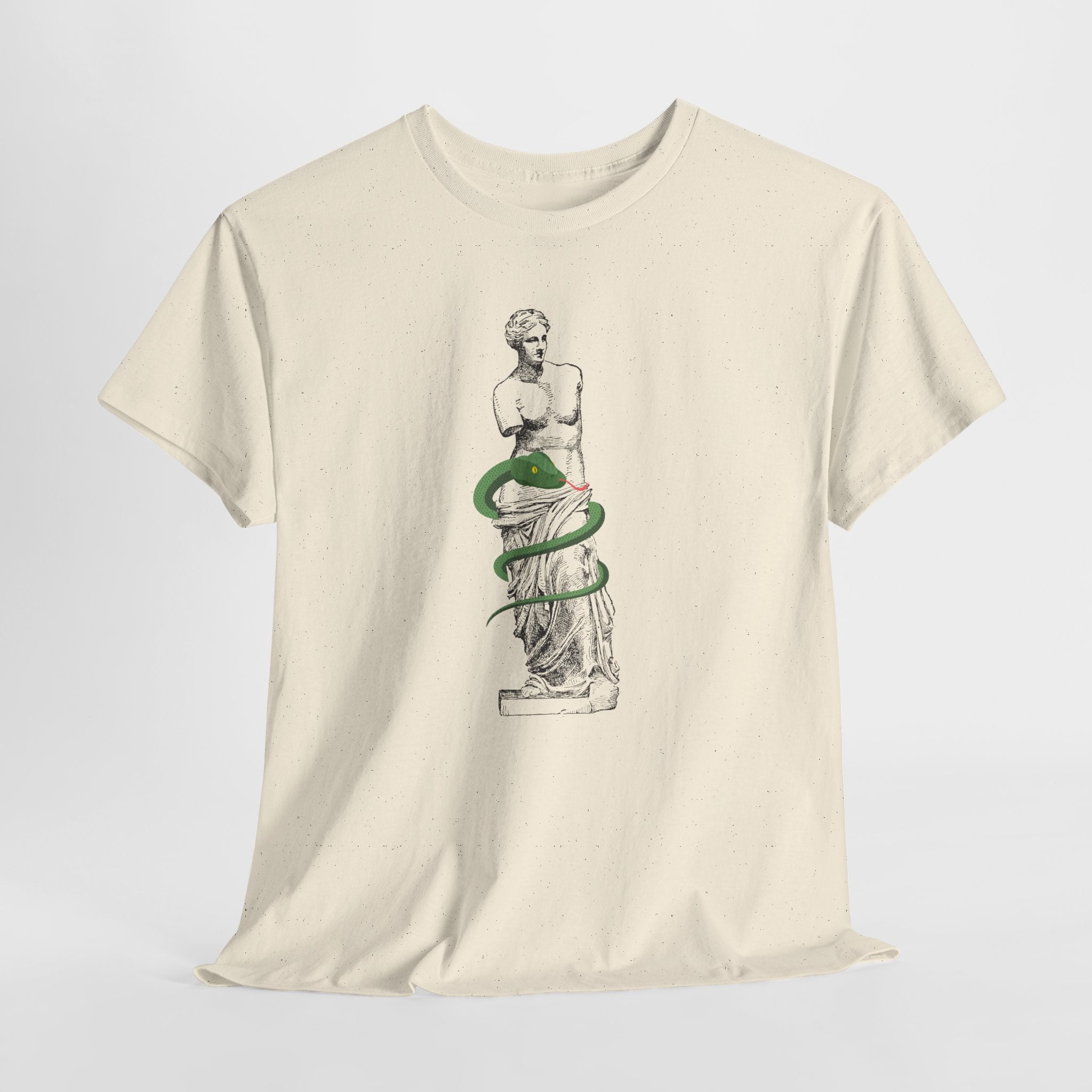 Stylish Venus Di Milo with Serpent Graphic Unisex Heavy Cotton Tee - Classic Greek Statue Design with a slithery twist