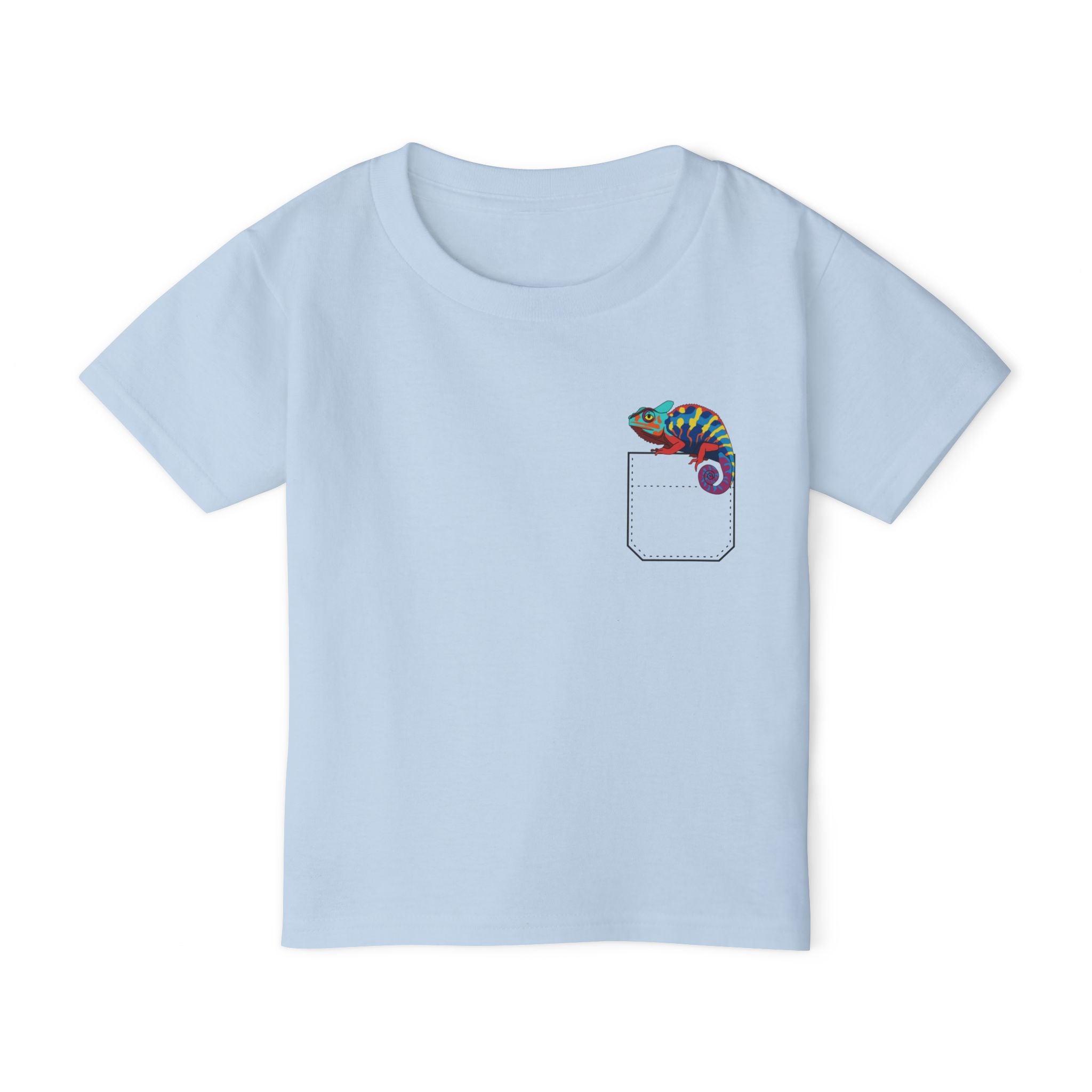 Colorful and Fun Pocket Pet (Chameleon)  Unisex Heavy Cotton  Toddler T-Shirt.  There is NO Pocket in this Shirt.  The Pocket is part of the Artwork