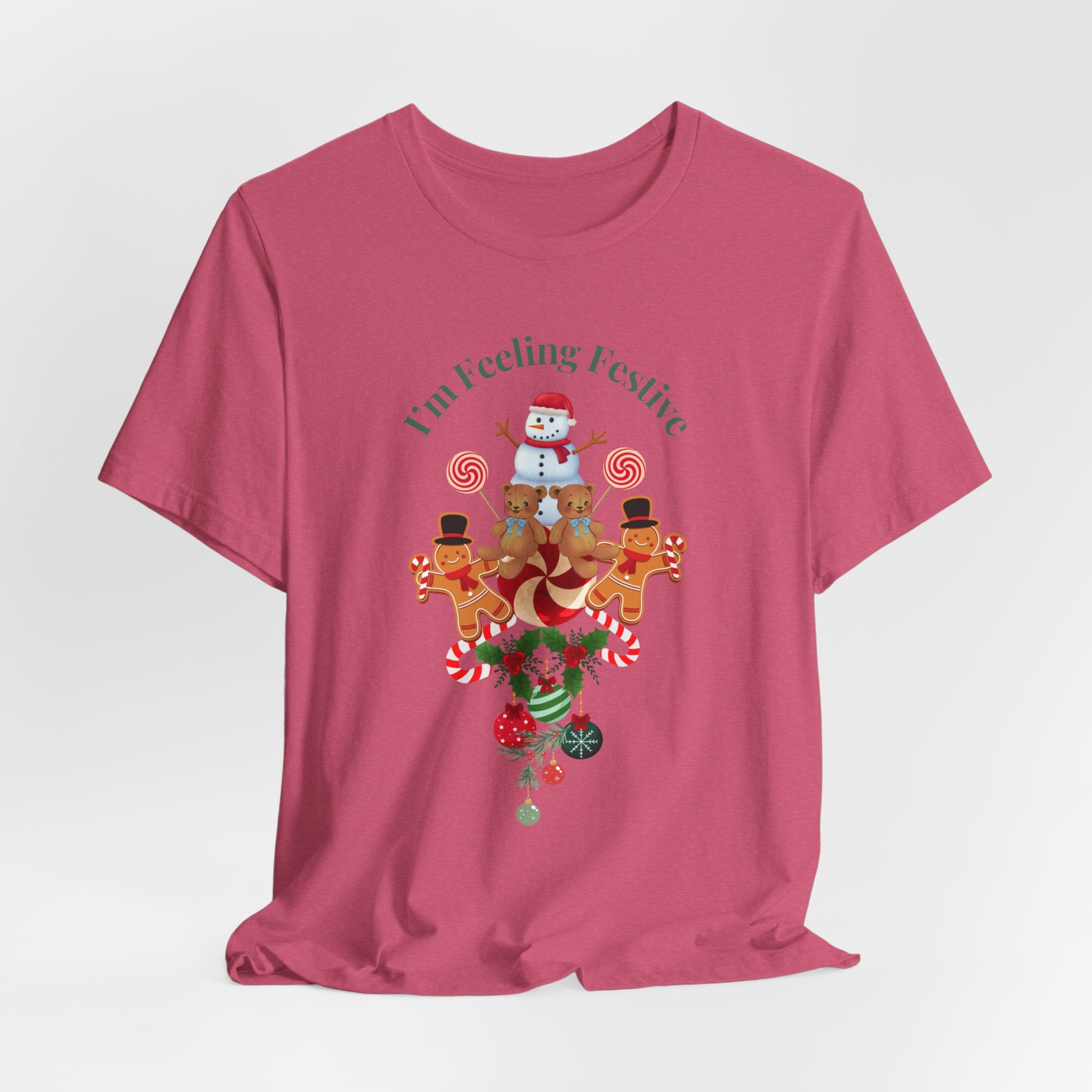 Colorful Holiday Tee — "I'm Feeling Festive" Christmas Reindeer & Snowman Graphic  Unisex Heavy Cotton T-Shirt