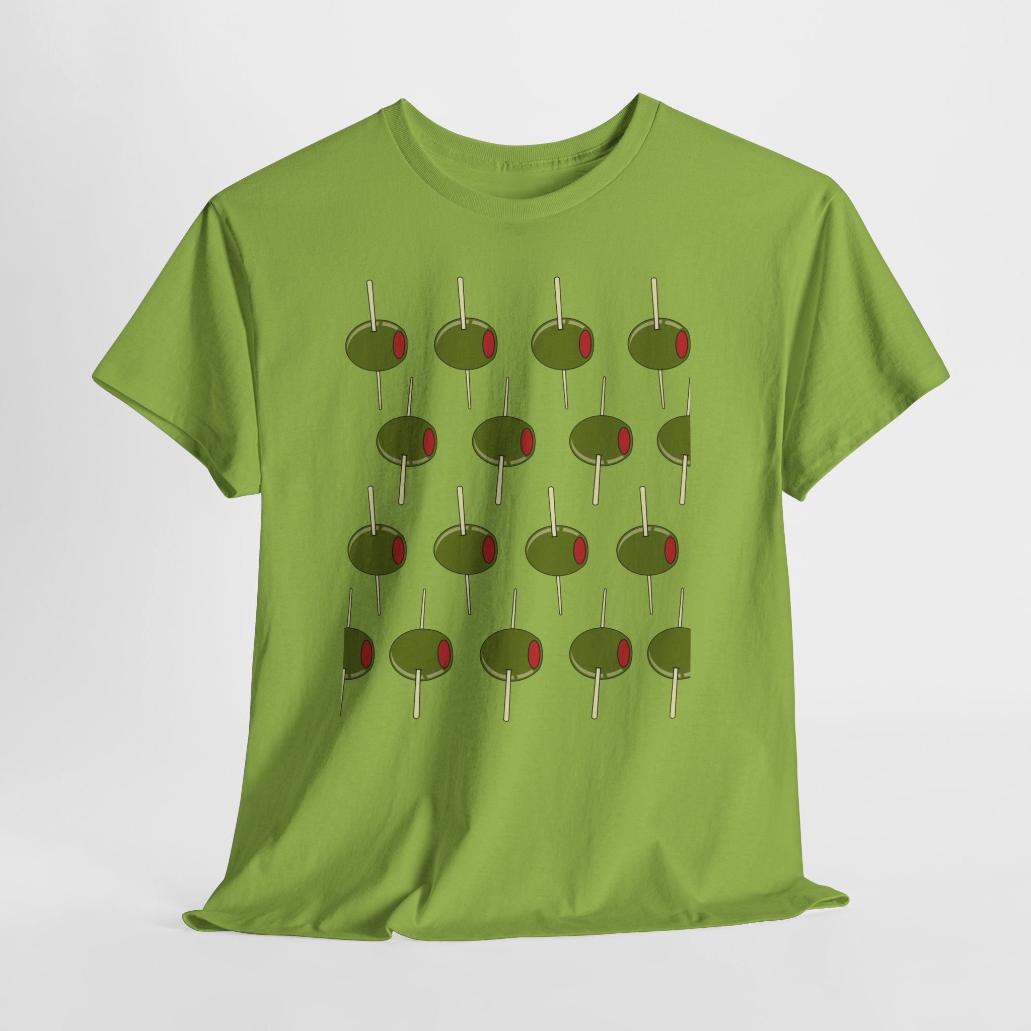 Graphic Contemporary Cocktail Olives on The March.  Unisex Heavy Cotton  Tee — Retro Martini Cocktail Graphic T-Shirt