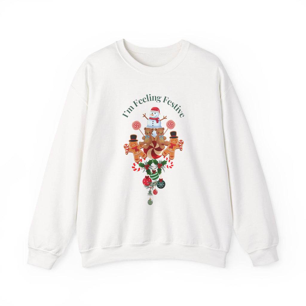 Colorful Fun "I'm Feeling Festive" Holiday Gingerbread & Snowman Graphic Design Crew Neck Unisex Sweatshirt