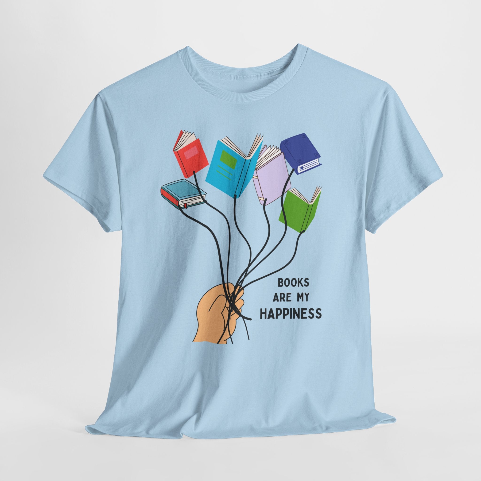 Fun Books Are My Happiness Unisex Heavy Cotton T-Shirt — Book Lover Tee with Colorful Book Balloon Bouquet
