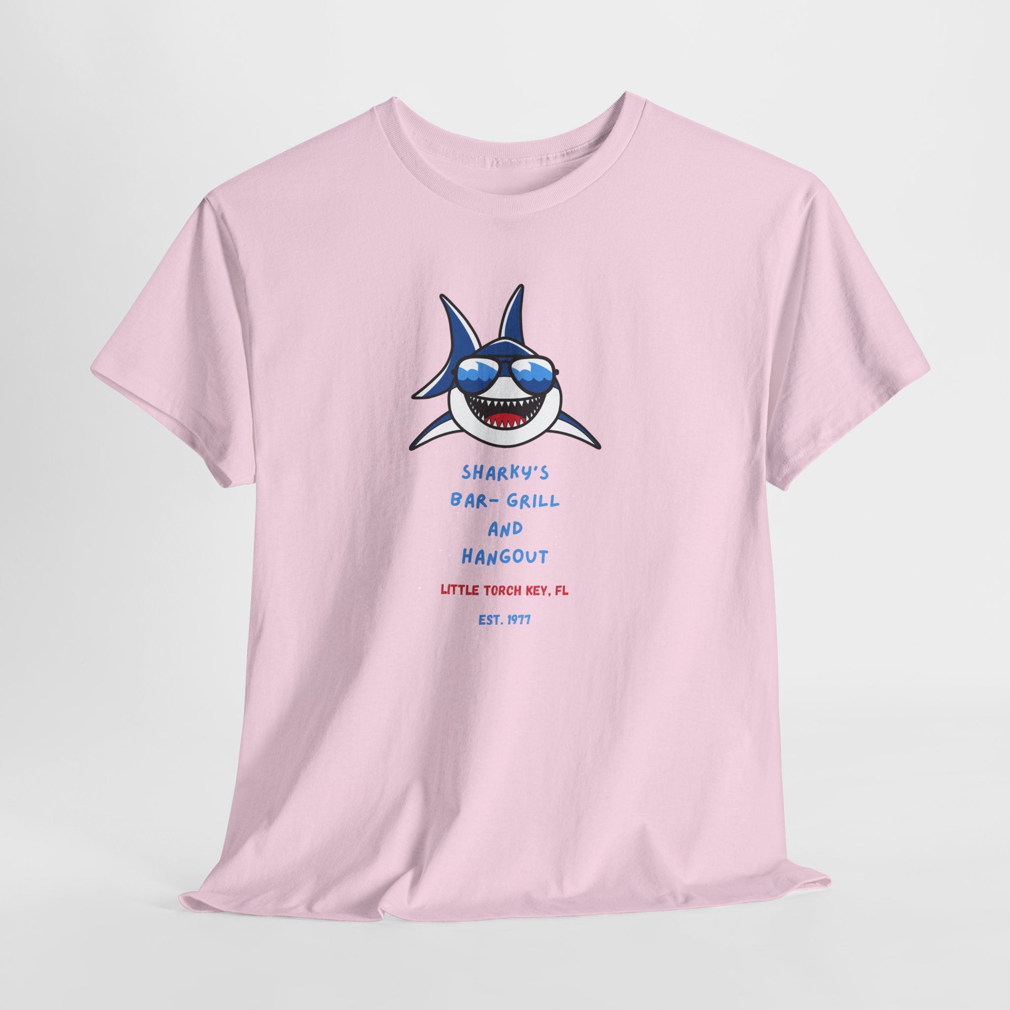 Unisex Cotton Tee - Sharky’s Hangout, in The FL. Keys Fun Graphic Tee, Summer Casual Wear, Beach Party Shirt, Gift for Ocean Lovers