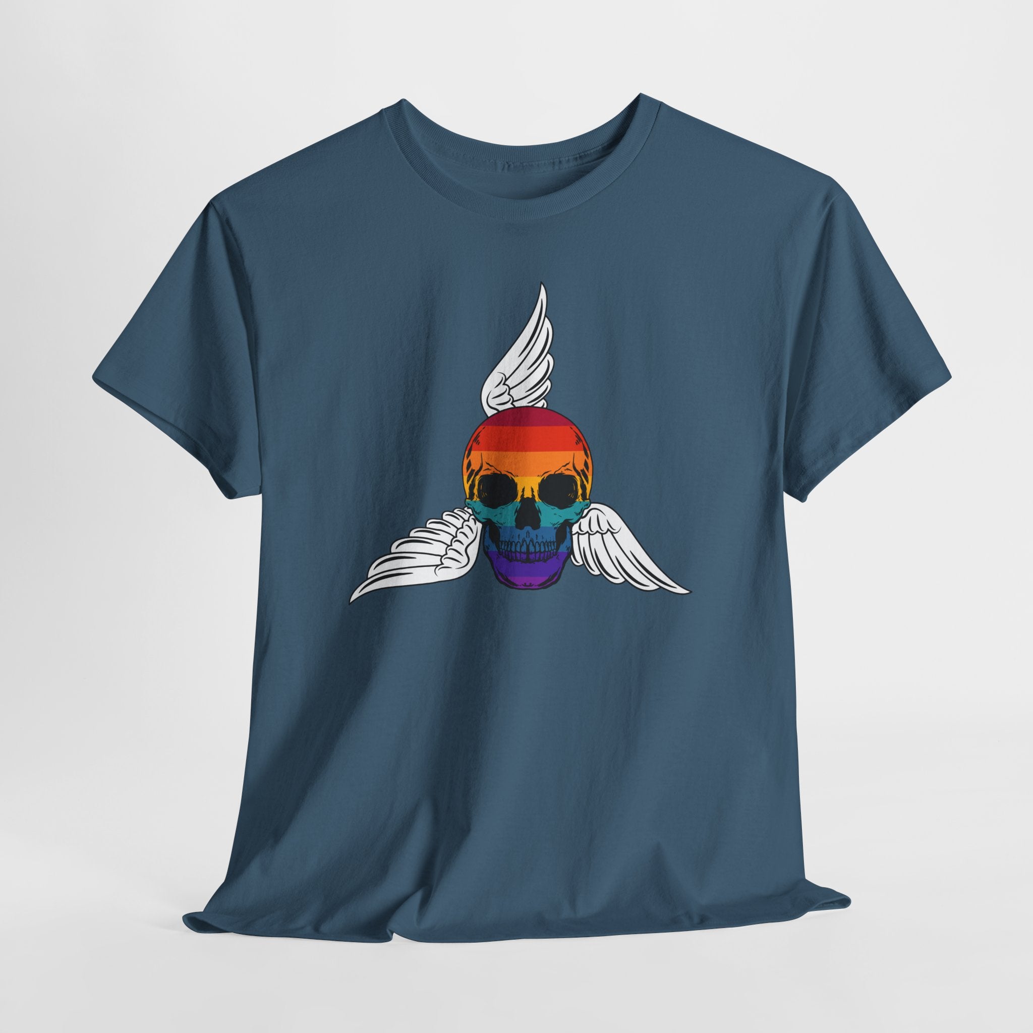 Graphic Rainbow Winged Skull Unisex Heavy Cotton T-Shirt — Edgy Pride Skull Tee for LGBTQIA+ Events & Festivals