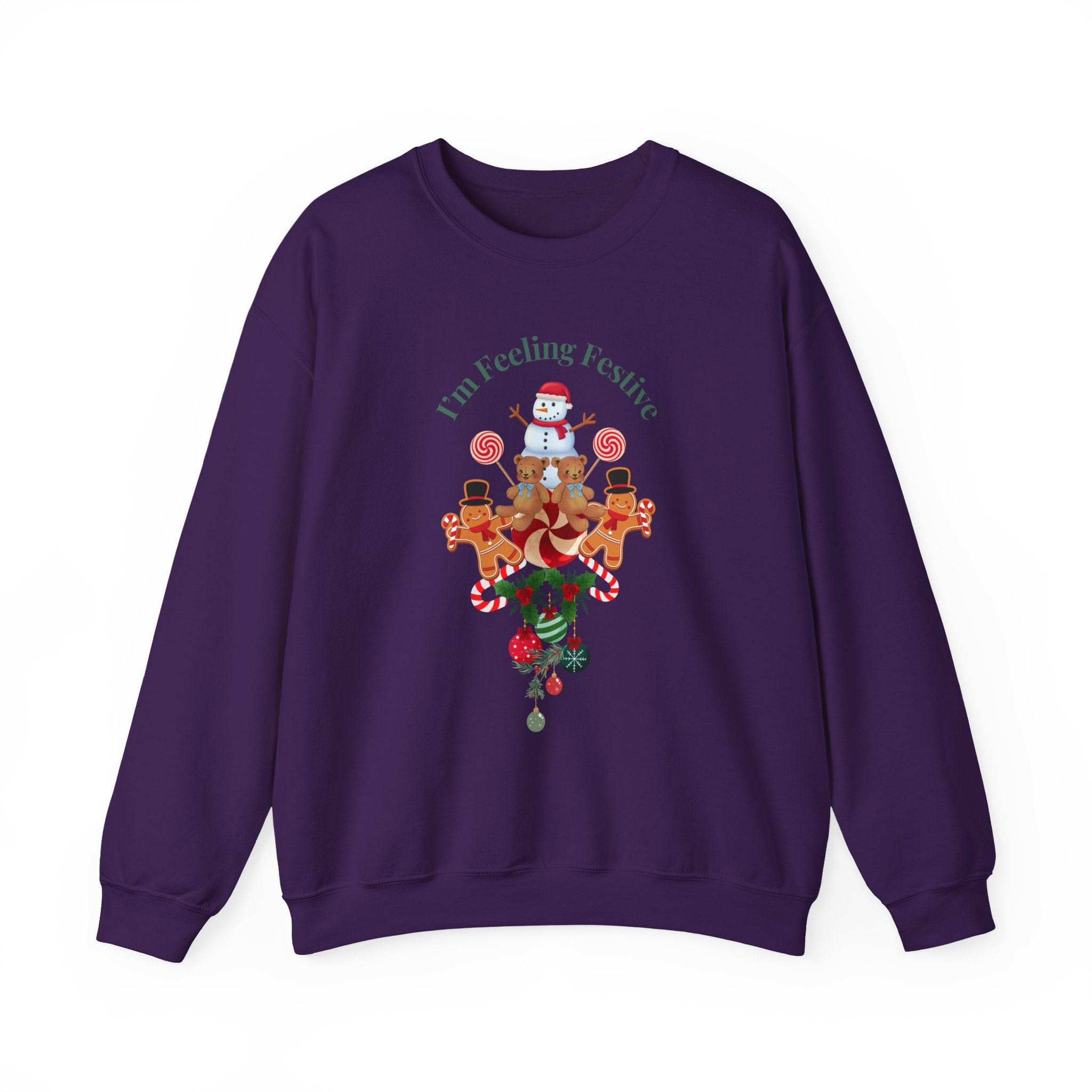 Colorful Fun "I'm Feeling Festive" Holiday Gingerbread & Snowman Graphic Design Crew Neck Unisex Sweatshirt