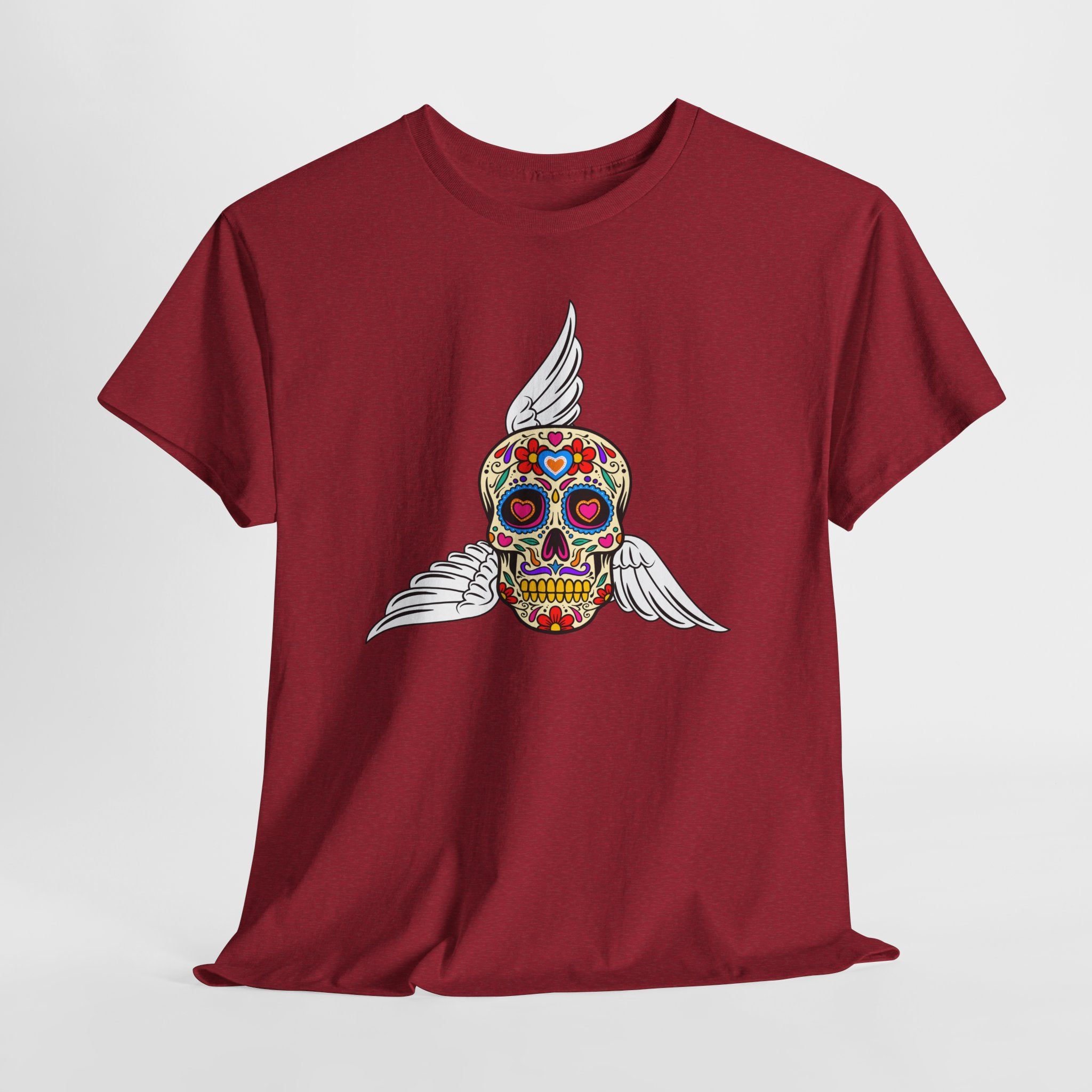 Fun Graphic Sugar Skull Tee with Angel Wings – Day of the Dead Graphic Heavy Cotton Unisex T-Shirt